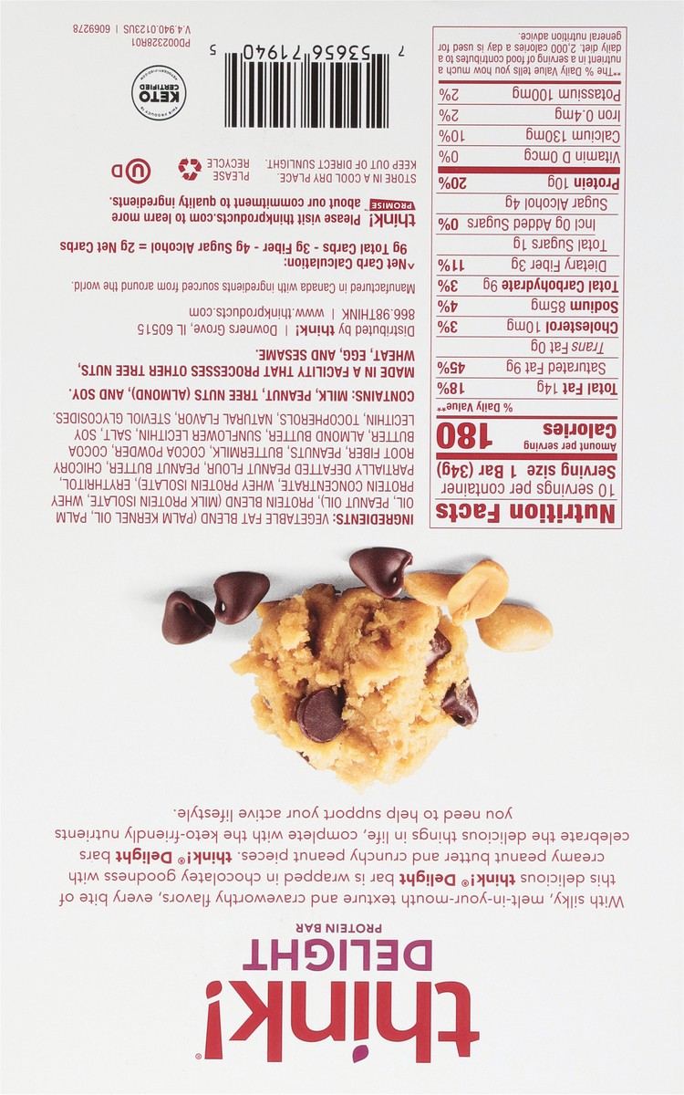 slide 11 of 12, think! Delight Chocolate Peanut Butter Cookie Dough Protein Bar 10 - 1.2 oz Bars, 10 ct
