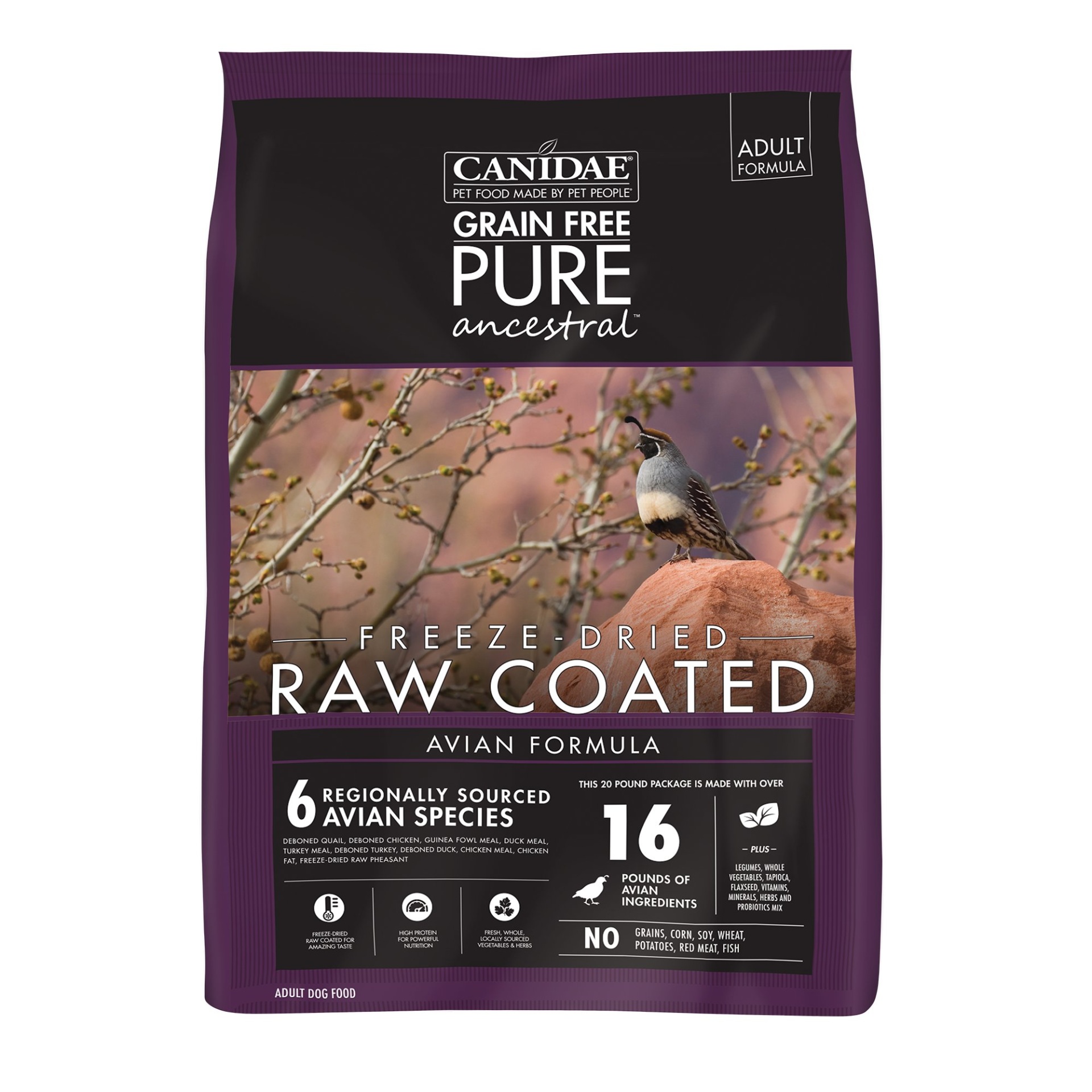 slide 1 of 1, CANIDAE Grain Free PURE Ancestral Diet Dog Dry Raw Coated Avian Formula with Quail, Chicken, & Turkey, 20 lb