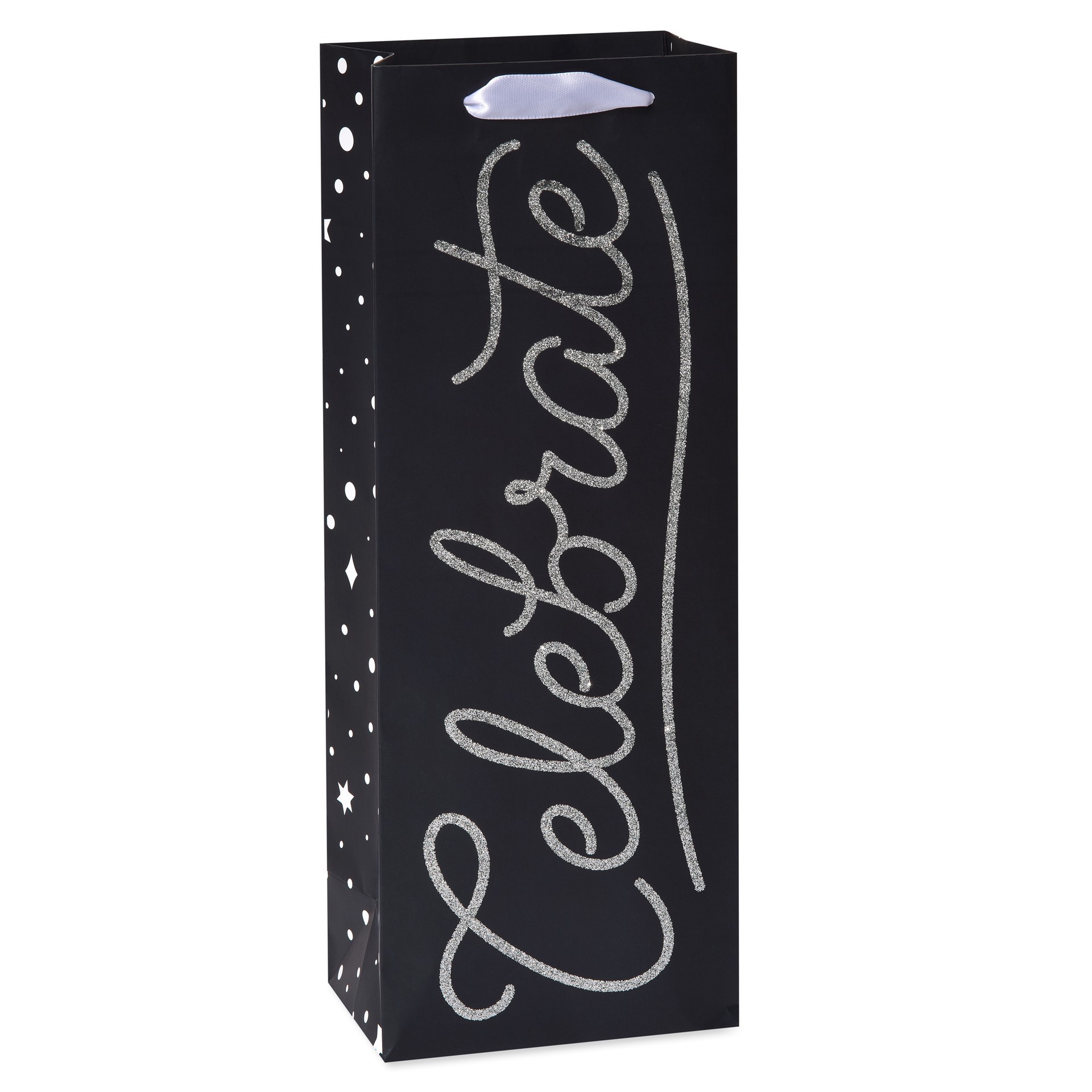 slide 1 of 9, American Greetings When you''re gifting a bottle of something happy, choose this “Celebrate” beverage bag! This beverage bag features the word “Celebrate” embellished in chrome silver glitter on a dramatic black background. Top off your beverage gift with coordinating tissue paper (sold separately) to make your presentation extra celebratory! Bag can hold a wine or liquor bottle., 1 ct