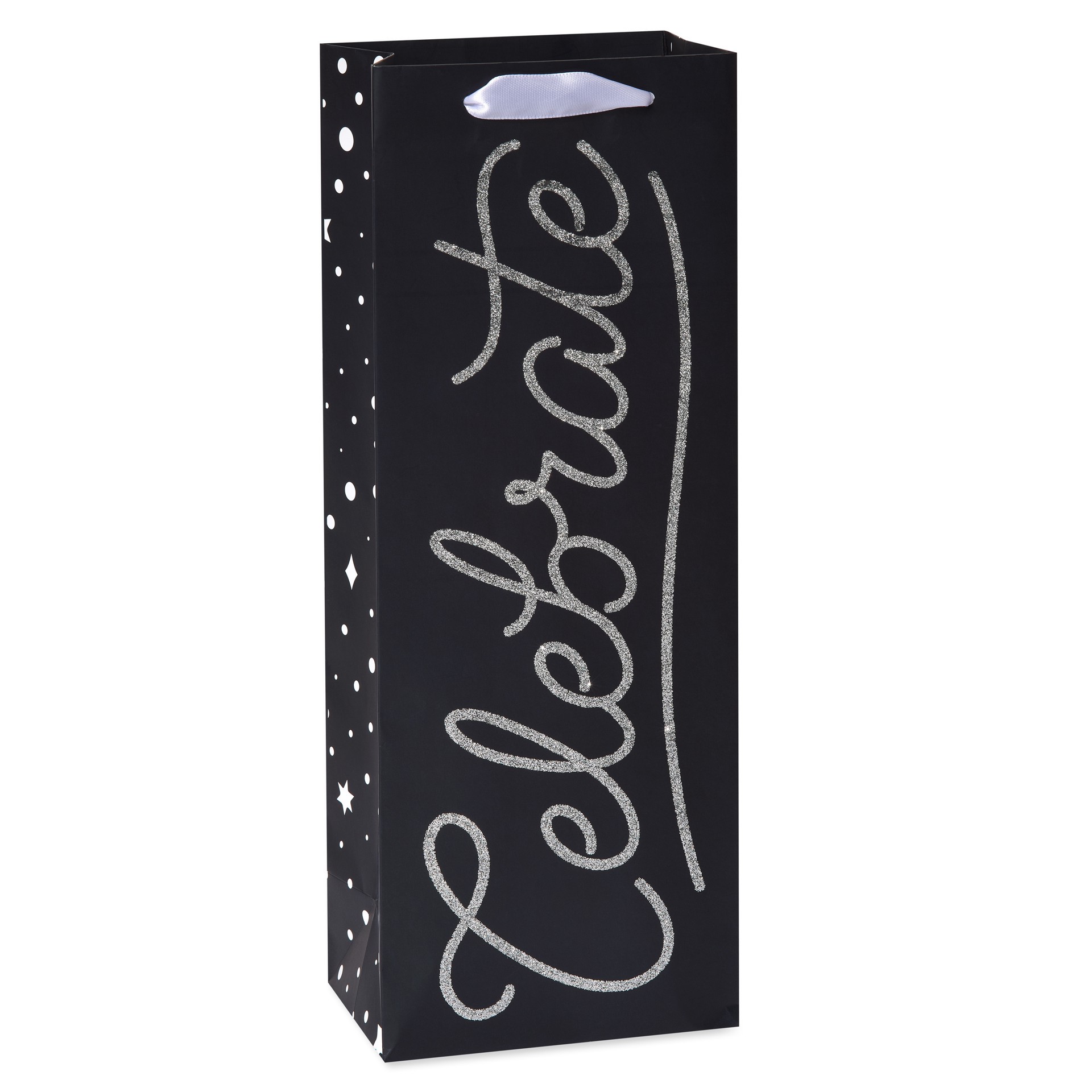 slide 1 of 9, American Greetings When you're gifting a bottle of something happy, choose this “Celebrate” beverage bag! This beverage bag features the word “Celebrate” embellished in chrome silver glitter on a dramatic black background. Top off your beverage gift with coordinating tissue paper (sold separately) to make your presentation extra celebratory! Bag can hold a wine or liquor bottle., 1 ct