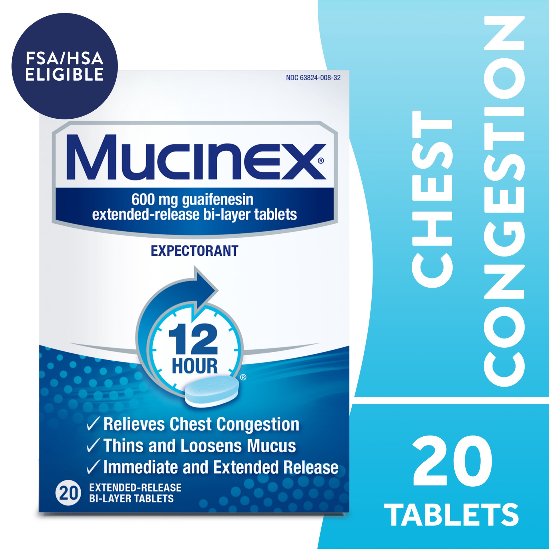 slide 1 of 2, Mucinex Chest Congestion, Mucinex Expectorant 12 Hour Extended Release Tablets, 20ct, 600 mg Guaifenesin with Extended Relief of Chest Congestion, 20 ct