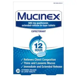 Mucinex Chest Congestion, Mucinex Expectorant 12 Hour Extended Release Tablets, 20ct, 600 mg Guaifenesin with Extended Relief of Chest Congestion