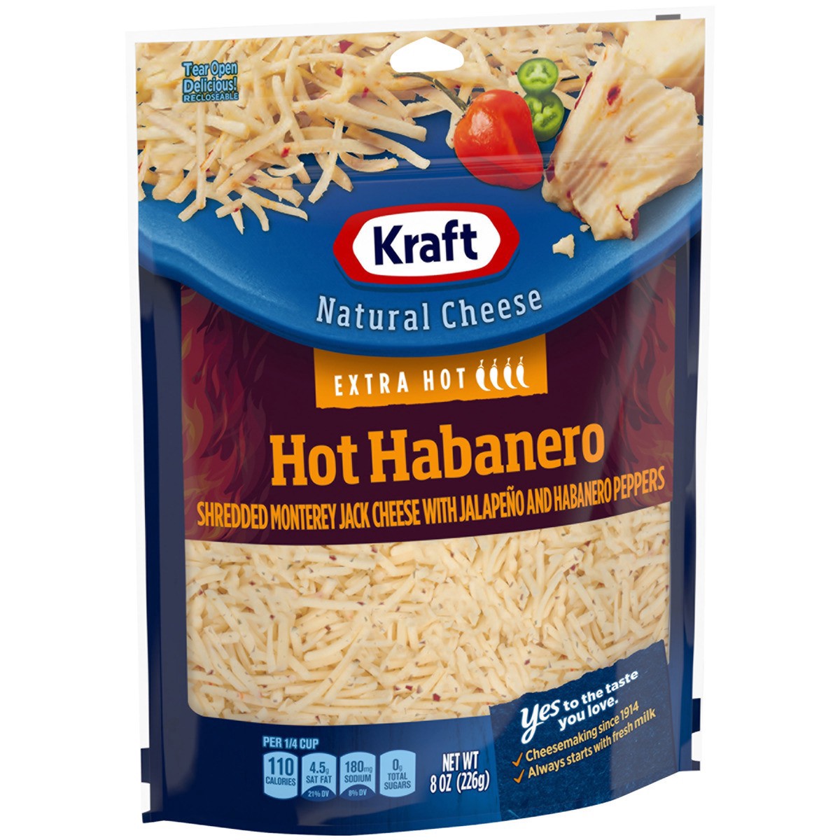 slide 6 of 13, Kraft Hot Habanero Monterey Jack Shredded Cheese with Extra Hot Jalapeno & Habanero Peppers, 8 oz Bag, 8 oz