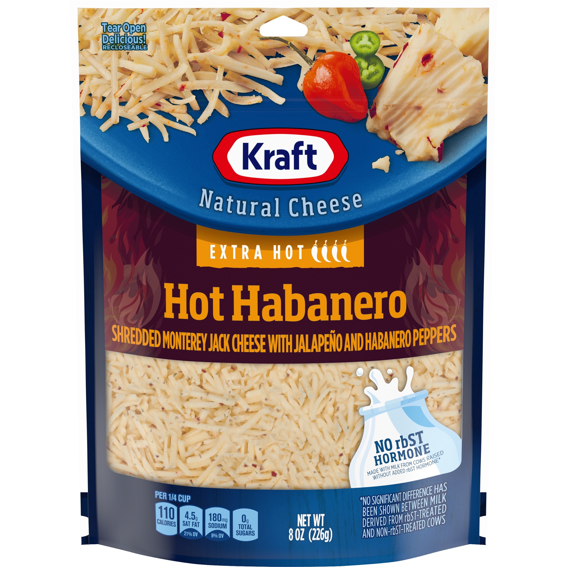 slide 1 of 13, Kraft Hot Habanero Monterey Jack Shredded Cheese with Extra Hot Jalapeno & Habanero Peppers, 8 oz Bag, 8 oz