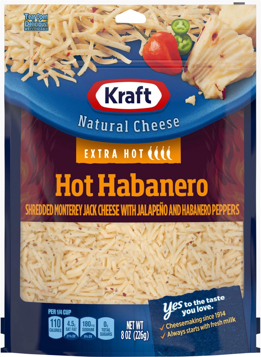 slide 12 of 13, Kraft Hot Habanero Monterey Jack Shredded Cheese with Extra Hot Jalapeno & Habanero Peppers, 8 oz Bag, 8 oz