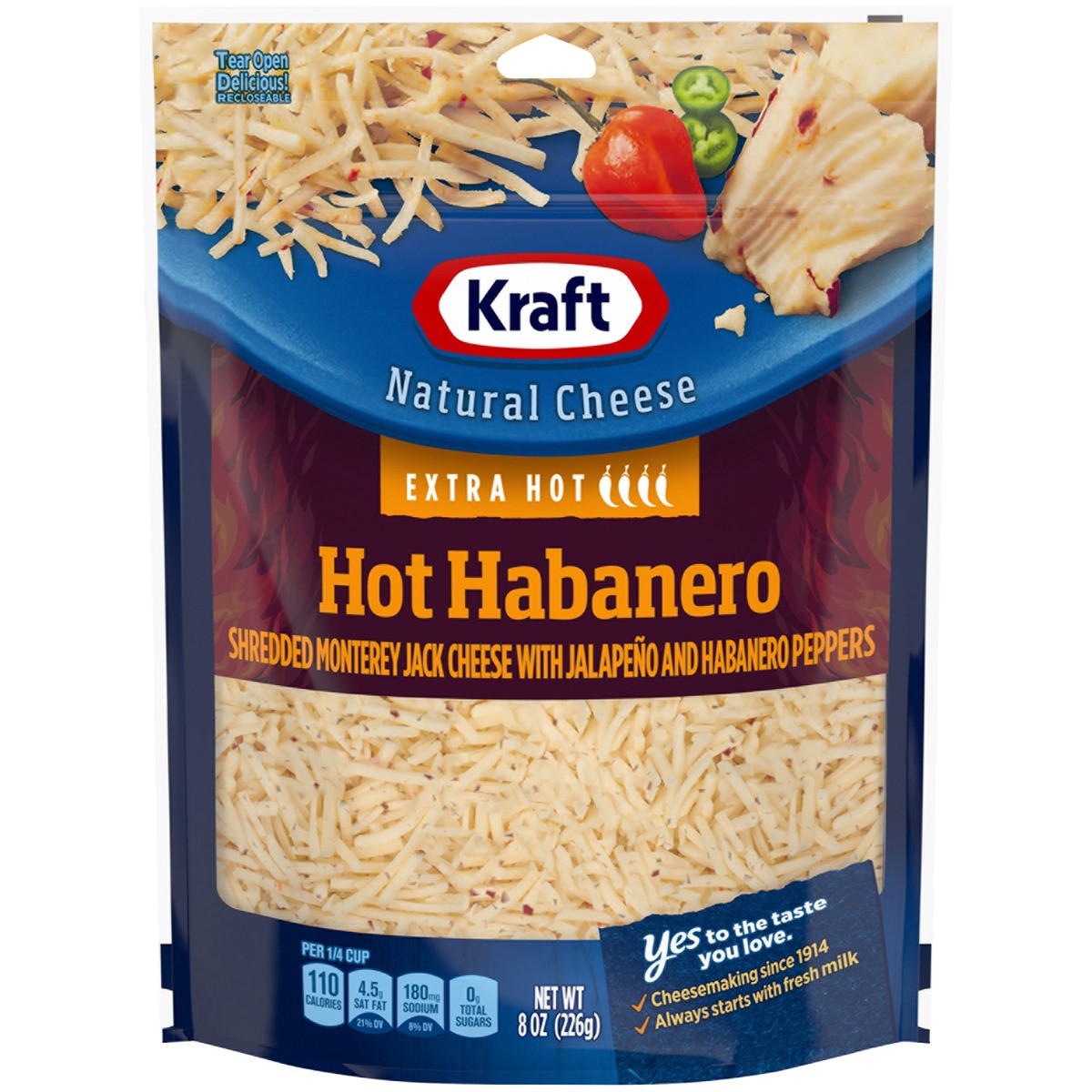 slide 1 of 8, Kraft Hot Habanero Monterey Jack Shredded Cheese with Extra Hot Jalapeno & Habanero Peppers, 8 oz