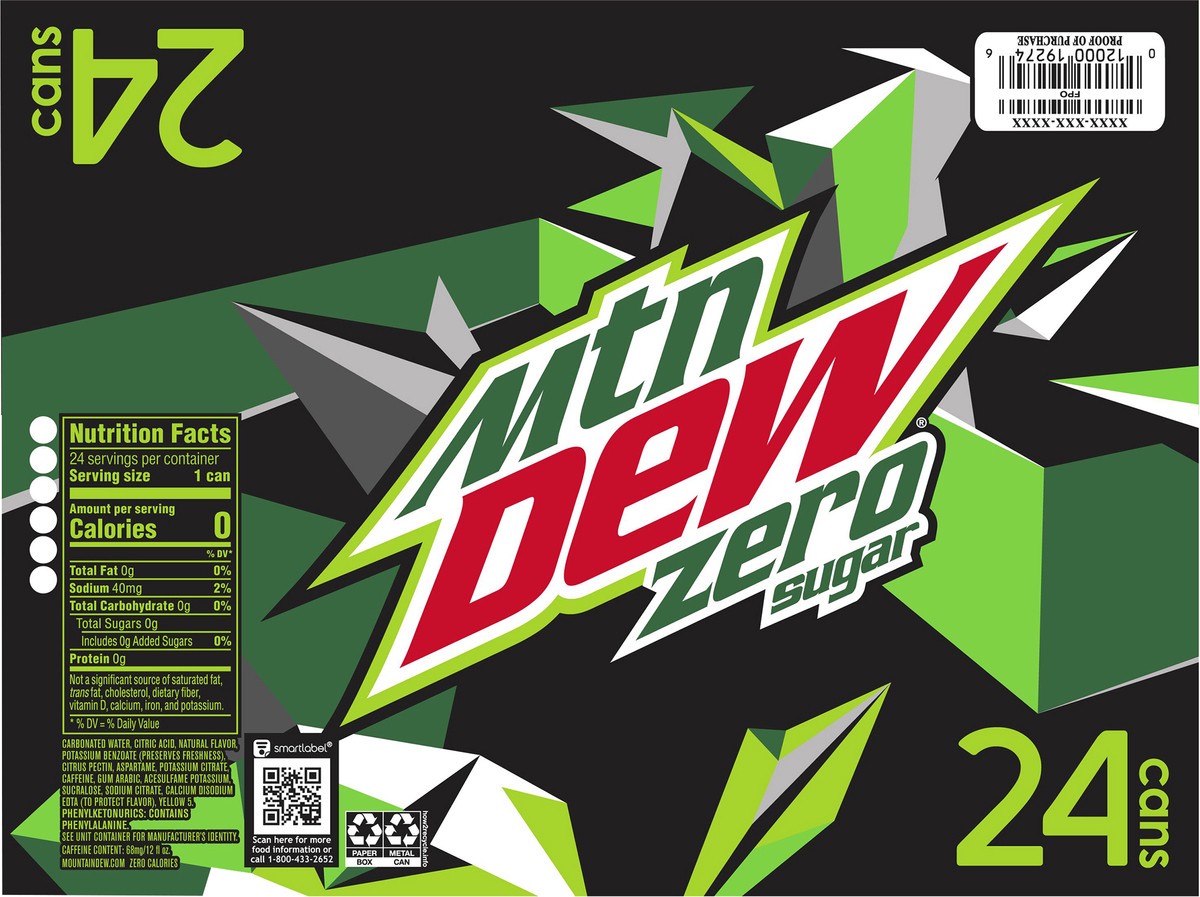 slide 2 of 6, Mountain Dew Zero Sugar Soda 24 Pack, 24 ct