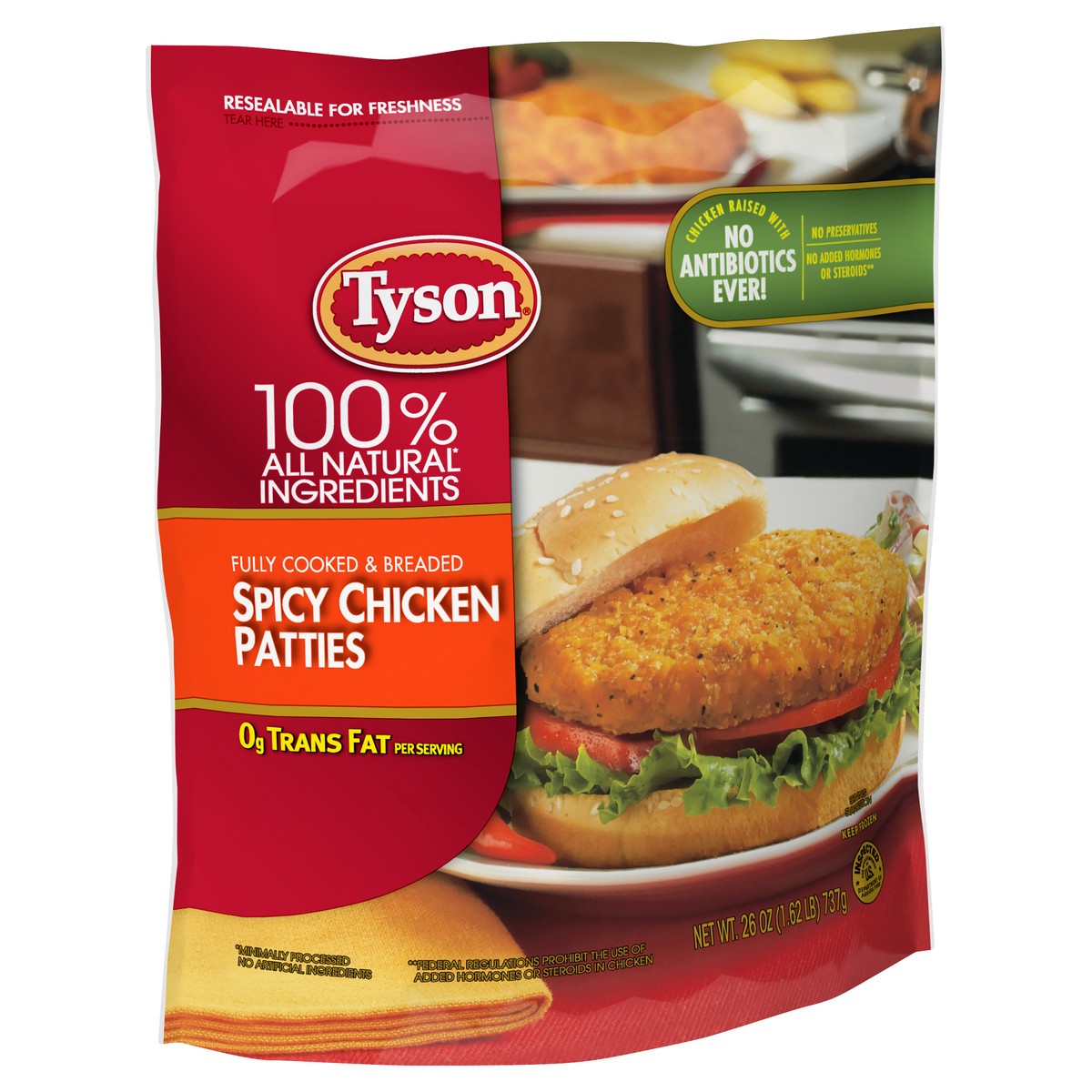 slide 5 of 5, Tyson Fully Cooked Spicy Chicken Patties, 26 oz. (Frozen), 737.09 g