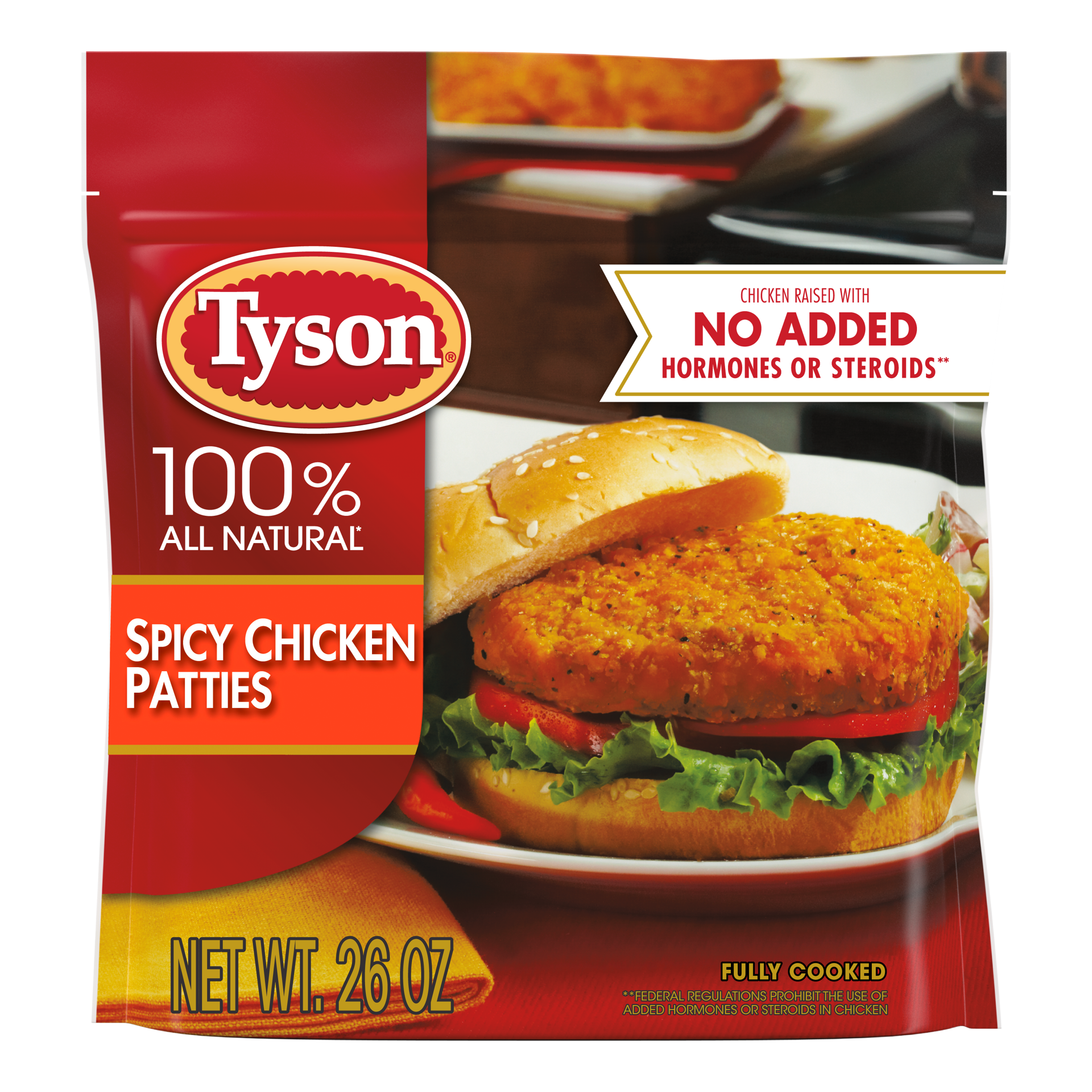 slide 1 of 5, Tyson Fully Cooked Spicy Chicken Patties, 26 oz. (Frozen), 737.09 g