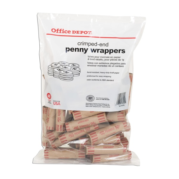 Office Depot Brand Preformed Tubular Coin Wrappers, Penny, Pack Of 48