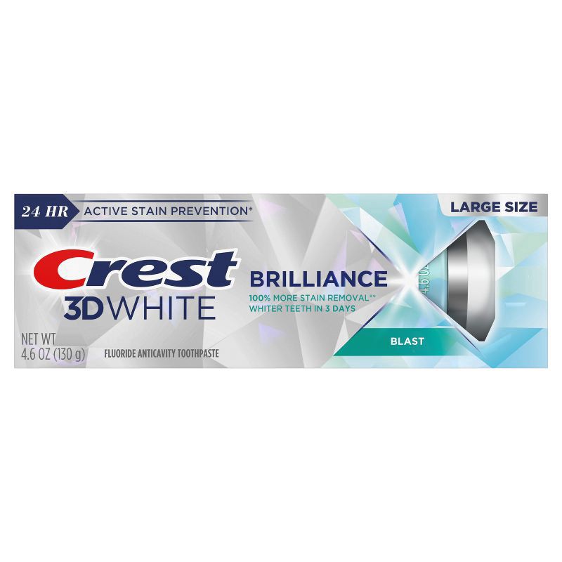 slide 5 of 6, Crest 3D White Brilliance Blast Teeth Whitening Toothpaste, 4.6 oz, Anticavity Fluoride Toothpaste, 100% More Surface Stain Removal, 24 Hour Active Stain Prevention, 4.6 oz