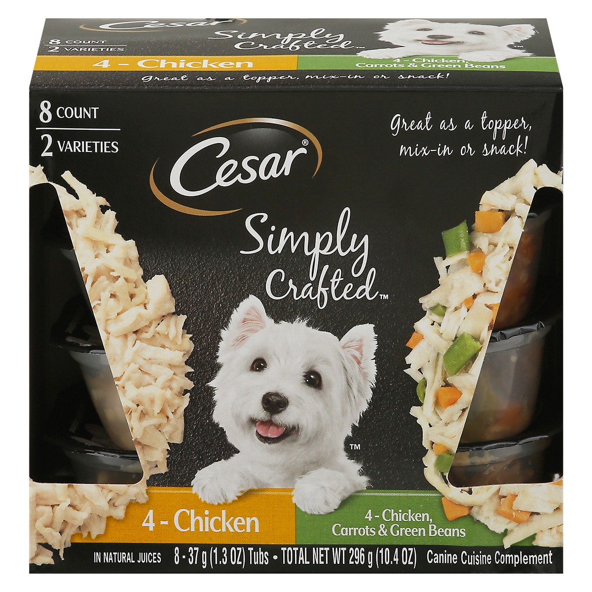 slide 1 of 4, Cesar Simply Crafted 2 Varieties In Natural Juice Canine Cuisine Complement 8 - 1.3 oz Tubs, 8 ct