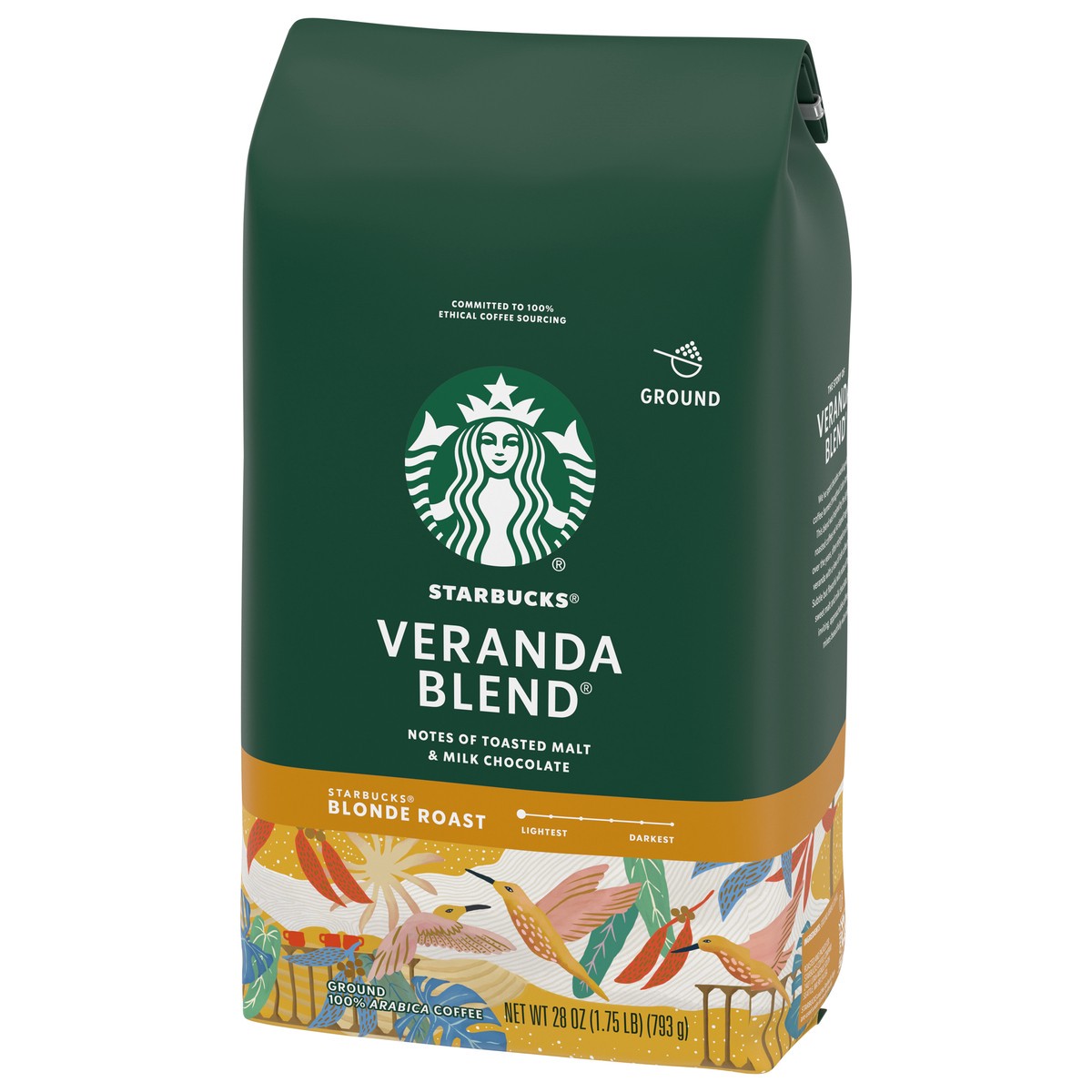 slide 9 of 9, Starbucks Ground Coffee, Starbucks Blonde Roast Coffee, Veranda Blend, 100% Arabica, 1 bag (28 oz), 28 oz