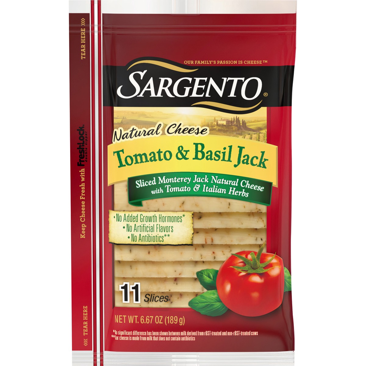 slide 1 of 9, Sargento Natural Tomato & Basil Jack Cheese Slices 11 ct Pouch, 6.67 oz