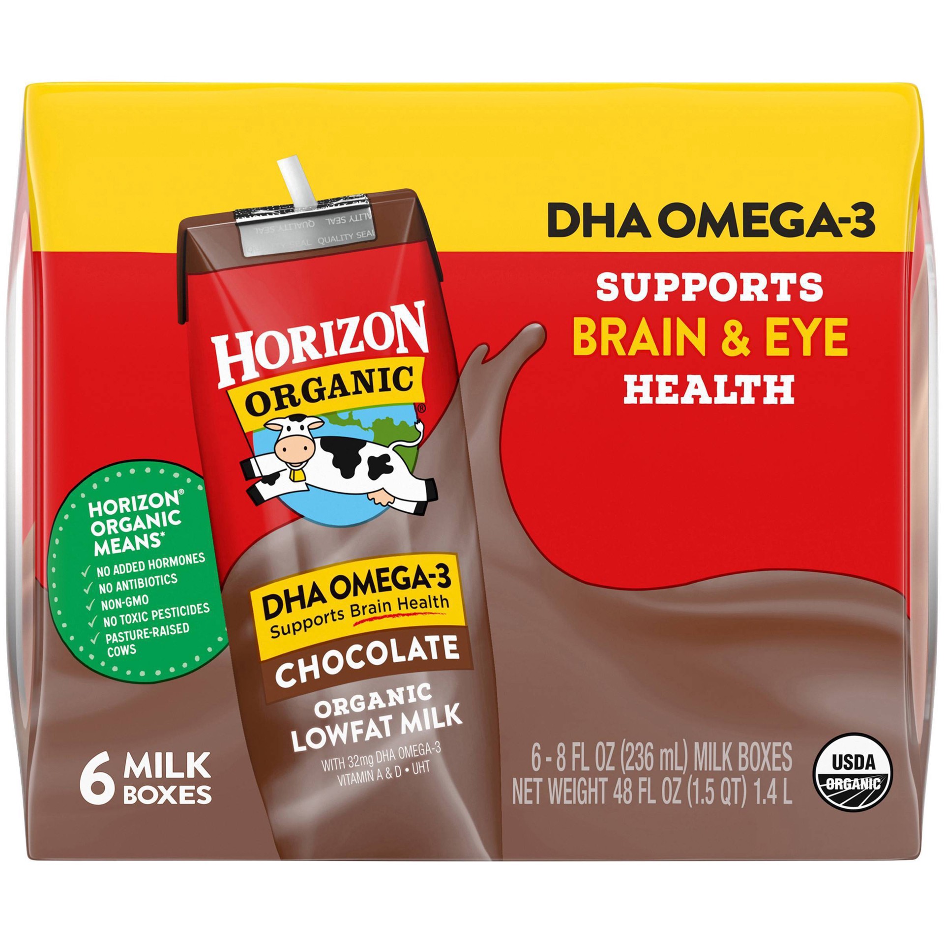 slide 6 of 15, Horizon Organic Shelf-Stable 1% Low Fat Milk Boxes with DHA Omega-3, Chocolate, 8 fl oz, 6 Pack, 6 ct