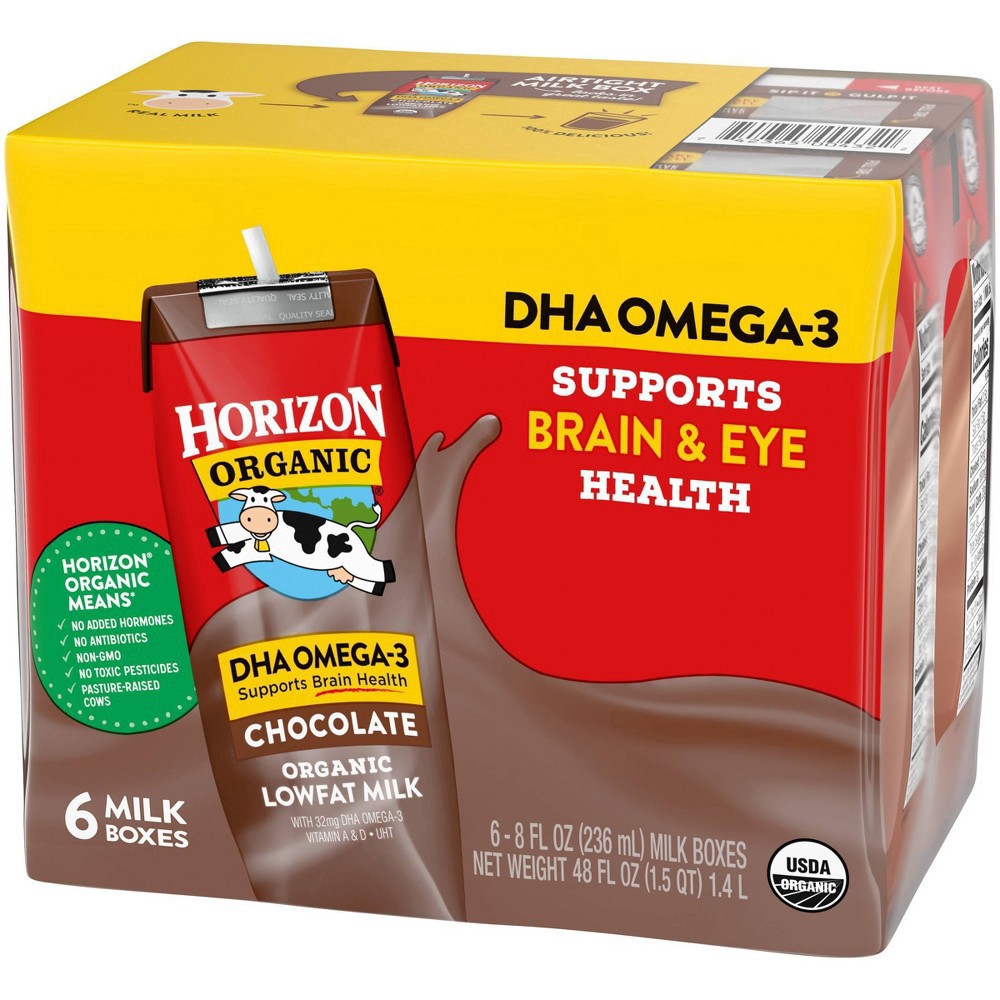 slide 14 of 15, Horizon Organic Shelf-Stable 1% Low Fat Milk Boxes with DHA Omega-3, Chocolate, 8 fl oz, 6 Pack, 6 ct