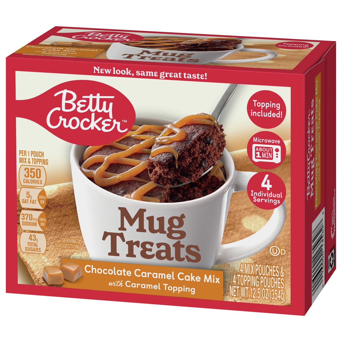 slide 2 of 9, Betty Crocker Mug Treats Chocolate Caramel Cake Mix with Caramel Topping, 4 Servings, 12.5 oz., 8 ct