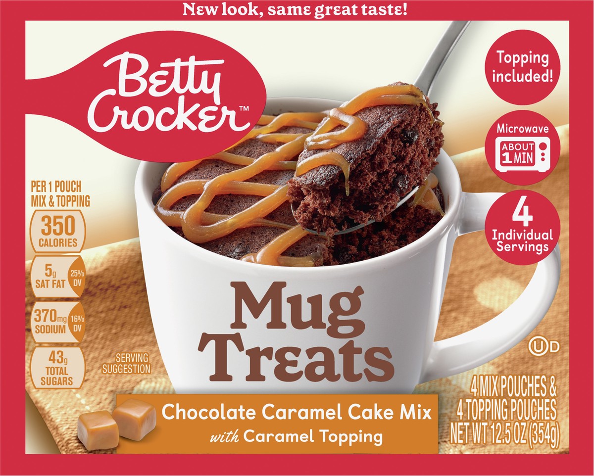 slide 4 of 9, Betty Crocker Mug Treats Chocolate Caramel Cake Mix with Caramel Topping, 4 Servings, 12.5 oz., 8 ct