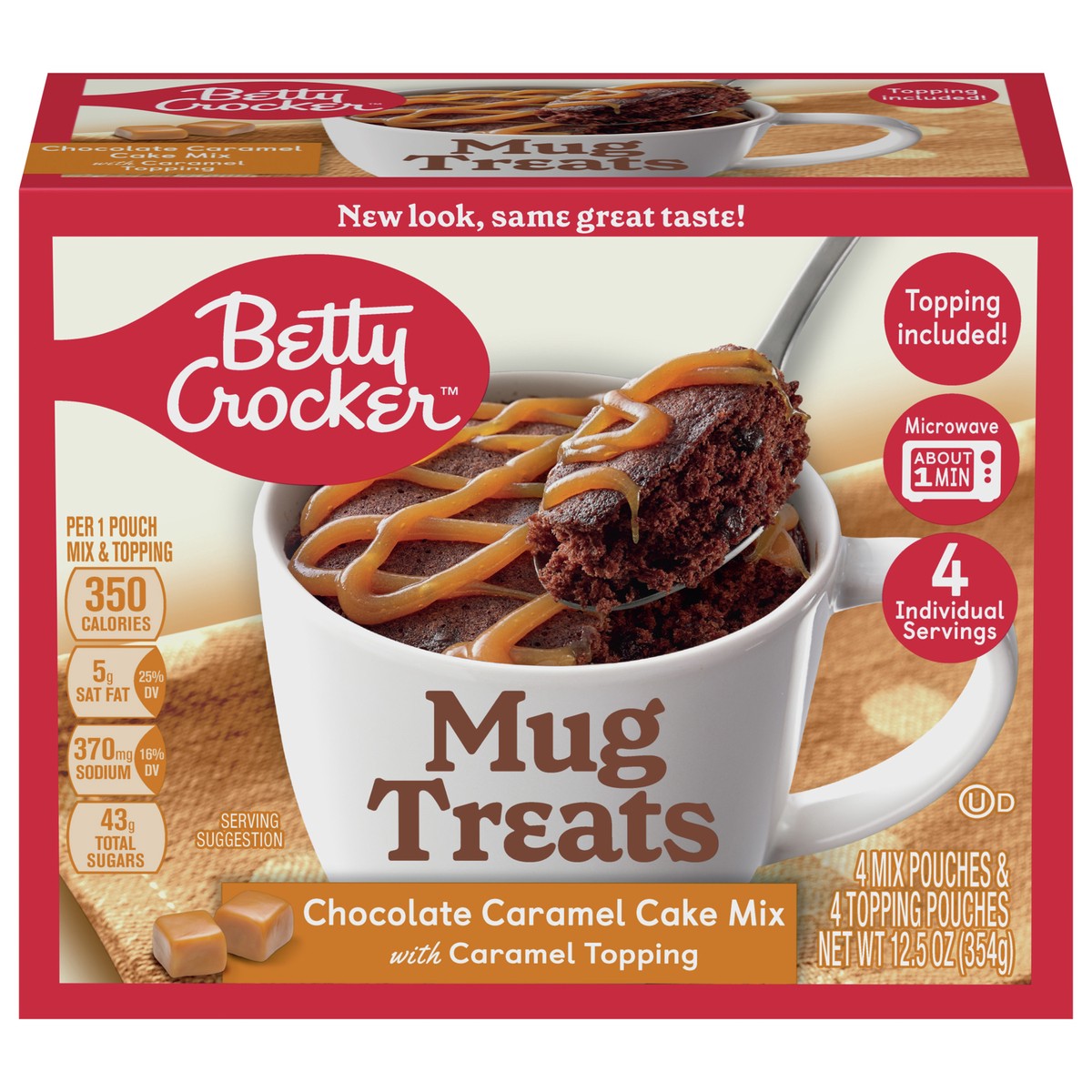 slide 1 of 9, Betty Crocker Mug Treats Chocolate Caramel Cake Mix with Caramel Topping, 4 Servings, 12.5 oz., 8 ct