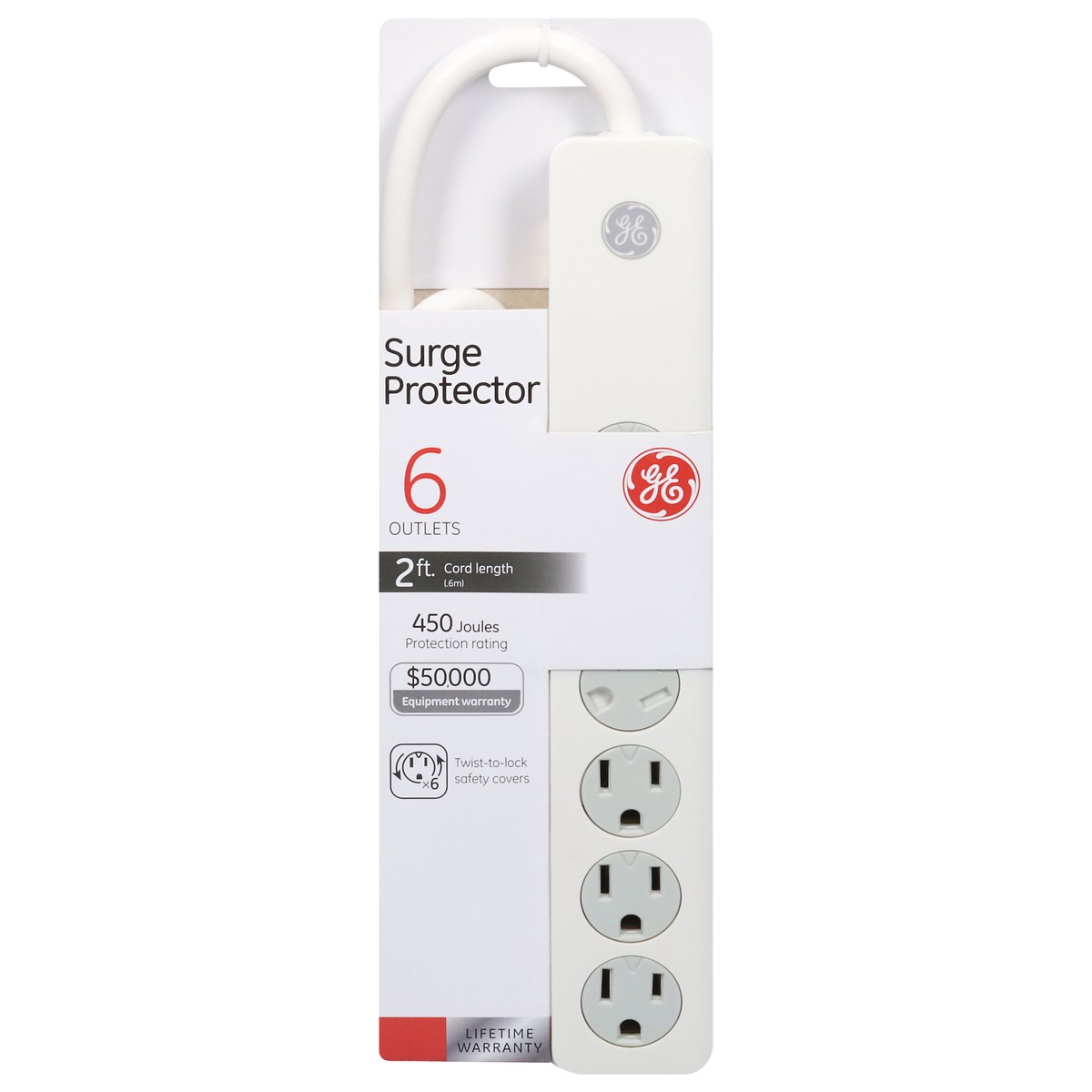 slide 1 of 9, Ge 6-Outlet Surge Protector - White, 2 ft
