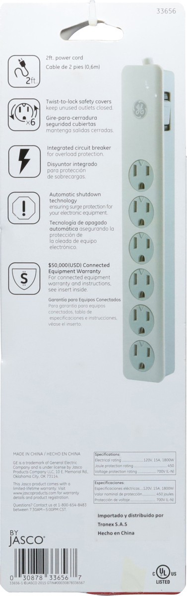 slide 5 of 9, Ge 6-Outlet Surge Protector - White, 2 ft