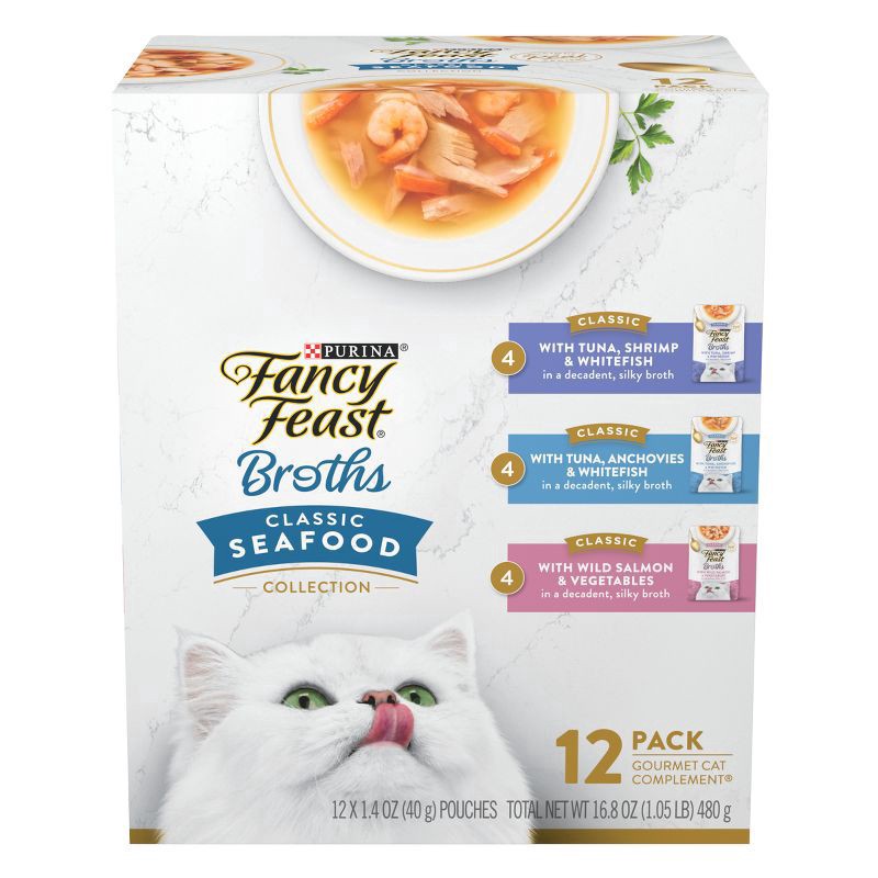 slide 1 of 9, Fancy Feast Purina Fancy Feast Lickable Wet Cat Food Broth Complement Classics Collection Variety Pack, 16.8 oz