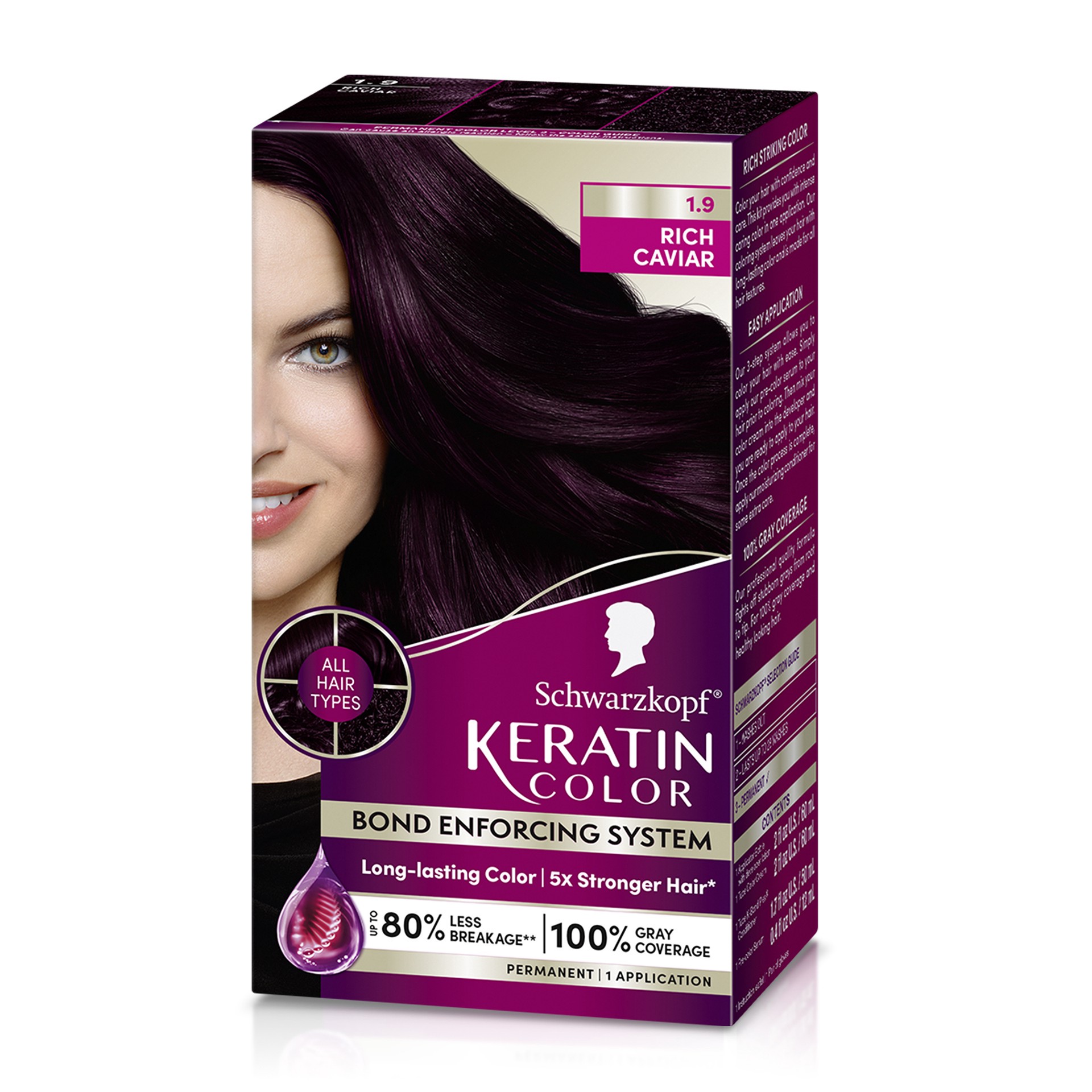 slide 1 of 7, Schwarzkopf Permanent Hair Color, 1.9 Rich Caviar, 1 Application - Professionally Inspired Permanent Hair Dye, for up to 80% Less Breakage vs Untreated Hair and up to 100% Gray Coverage, 1 ct