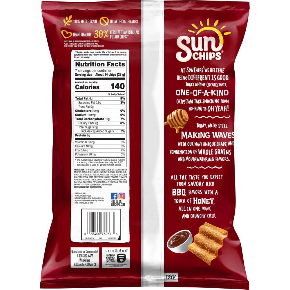 slide 3 of 5, SunChips Whole Grain Snacks Honey BBQ Flavored 7 Oz, 7 oz