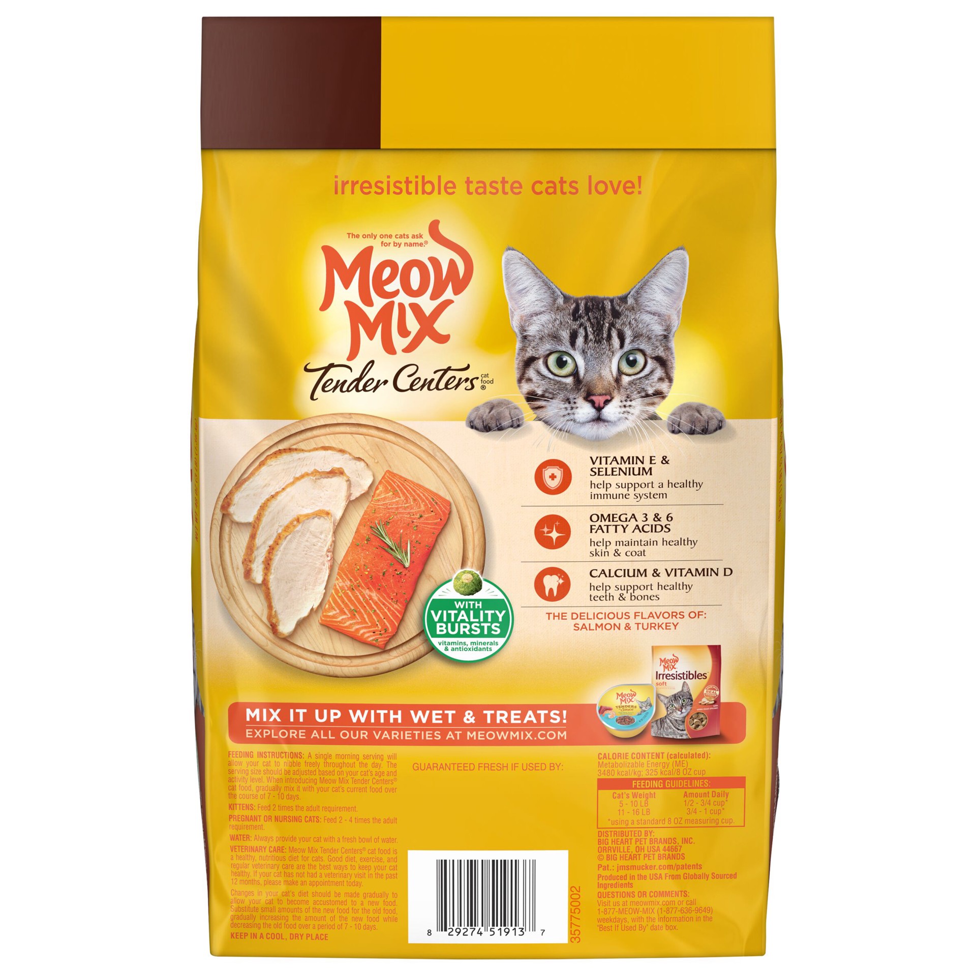 slide 7 of 8, Meow Mix Tender Centers Salmon & Turkey Flavors with Vitality Bursts Dry Cat Food, 3-Pound, 48 oz