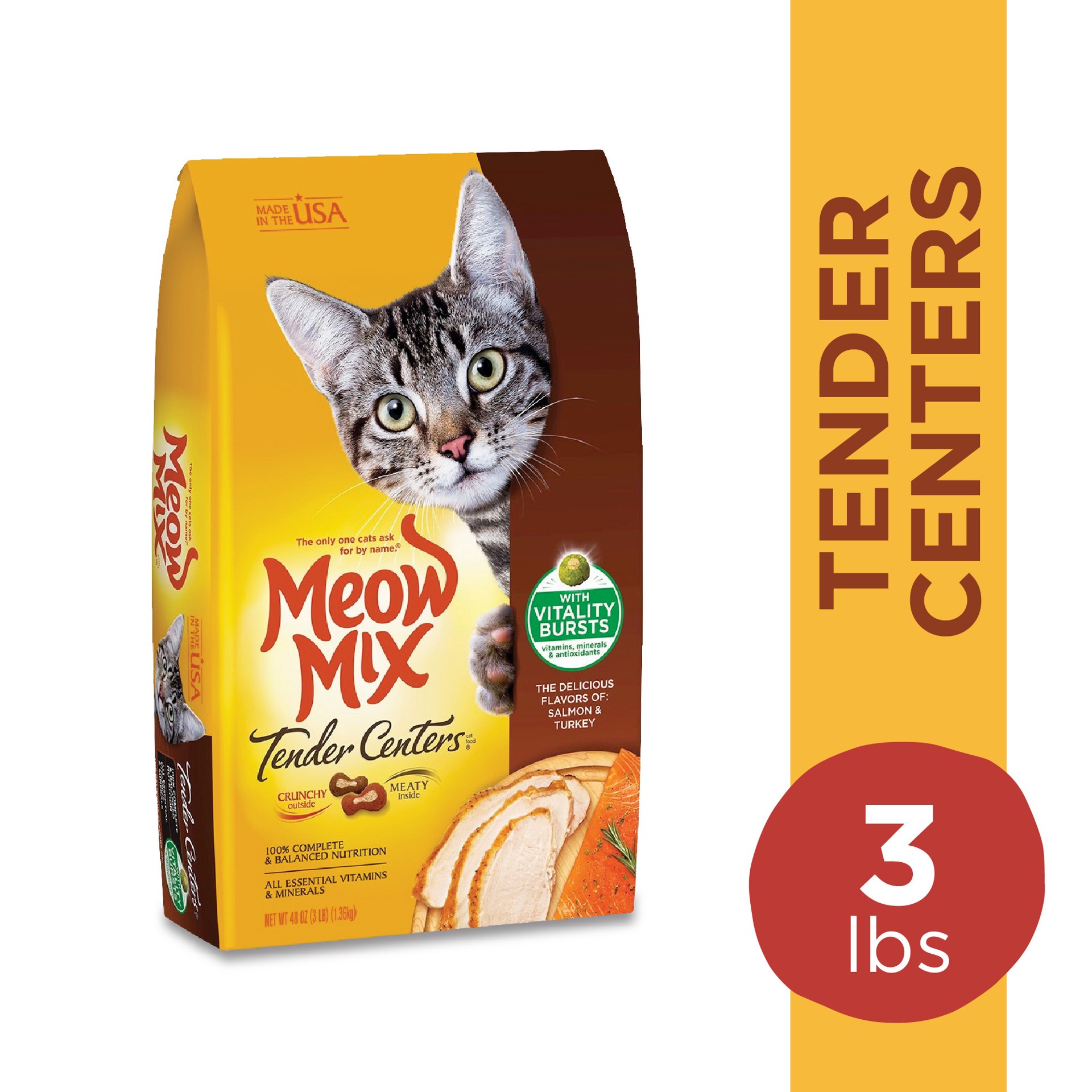 slide 6 of 8, Meow Mix Tender Centers Salmon & Turkey Flavors with Vitality Bursts Dry Cat Food, 3-Pound, 48 oz