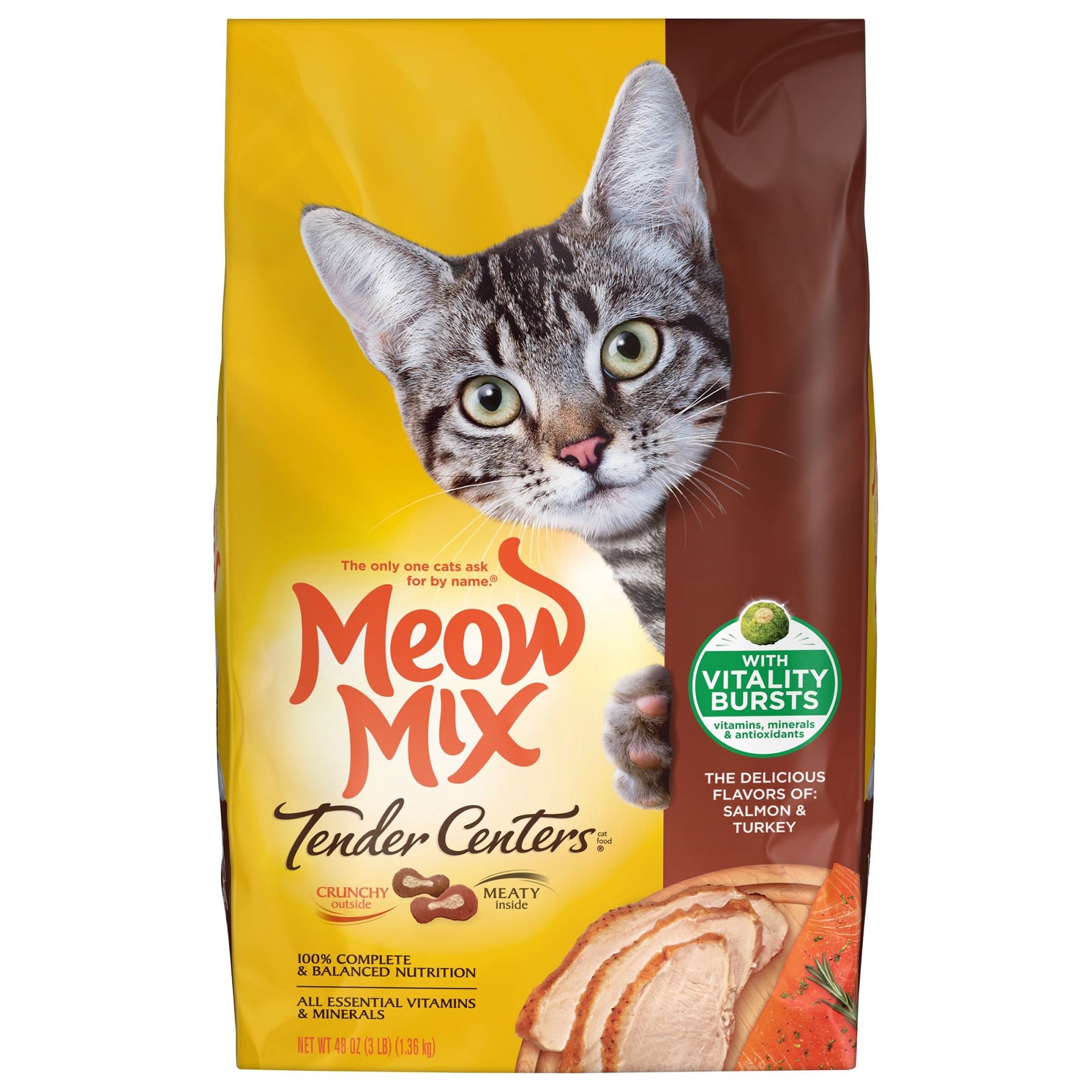 slide 1 of 8, Meow Mix Tender Centers Salmon & Turkey Flavors with Vitality Bursts Dry Cat Food, 3-Pound, 3 lb