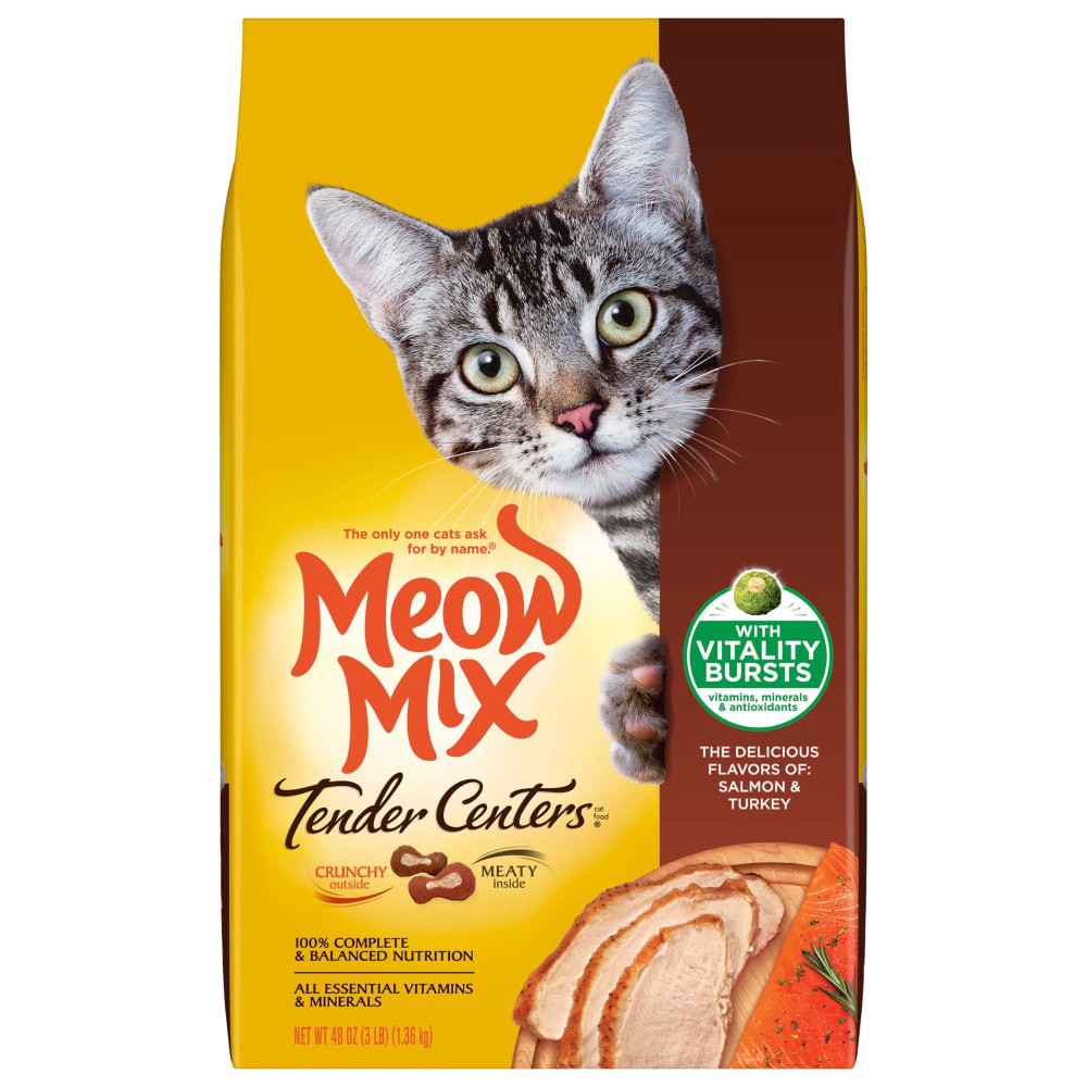 slide 1 of 8, Meow Mix Tender Centers Salmon & Turkey Flavors with Vitality Bursts Dry Cat Food, 3-Pound, 48 oz