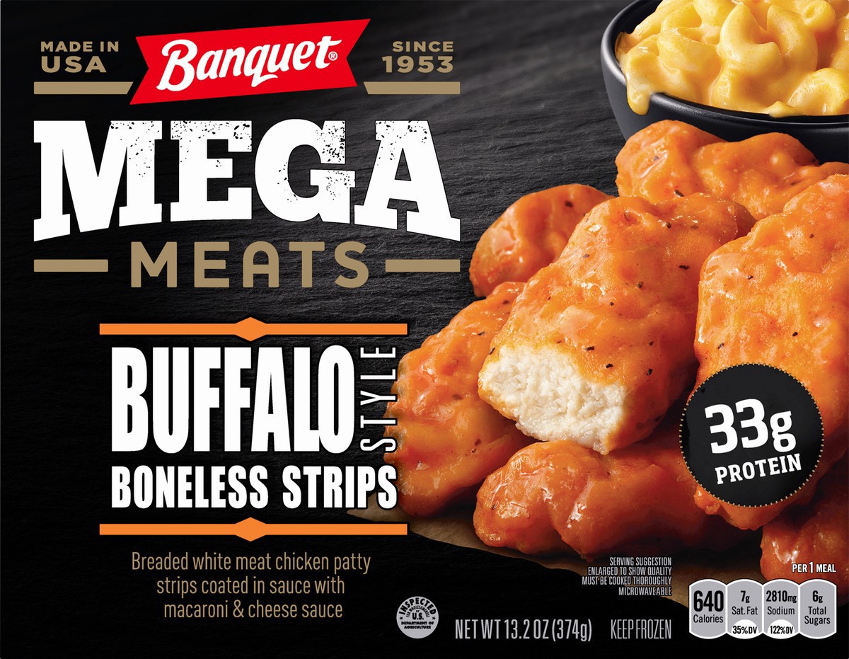 slide 3 of 9, Banquet MEGA Meats Buffalo-Style Chicken Strips, Frozen Meal, 13.2 oz., 13.2 oz