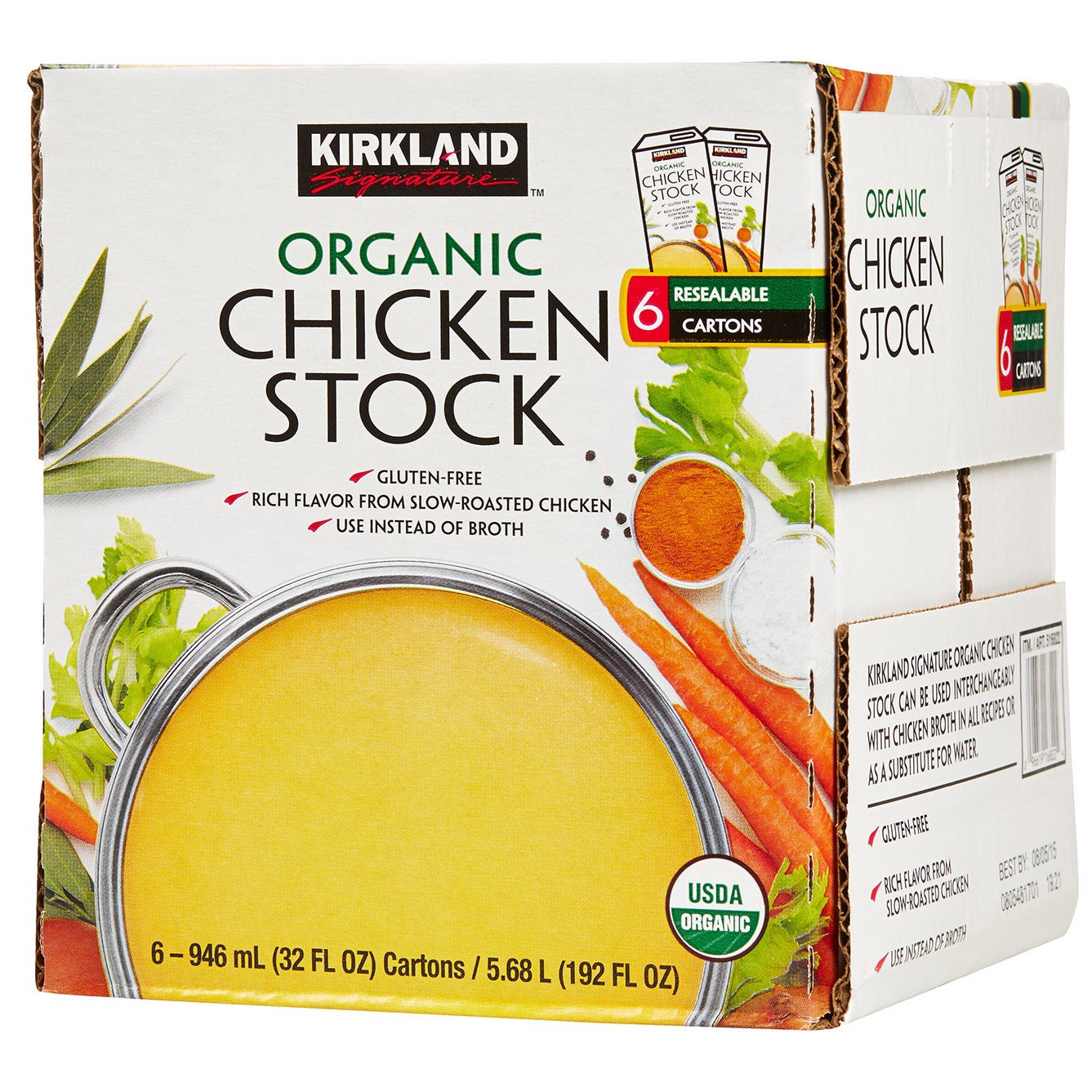 slide 1 of 2, Kirkland Signature, Organic Chicken Stock, 32 fl oz, 6 Count, 