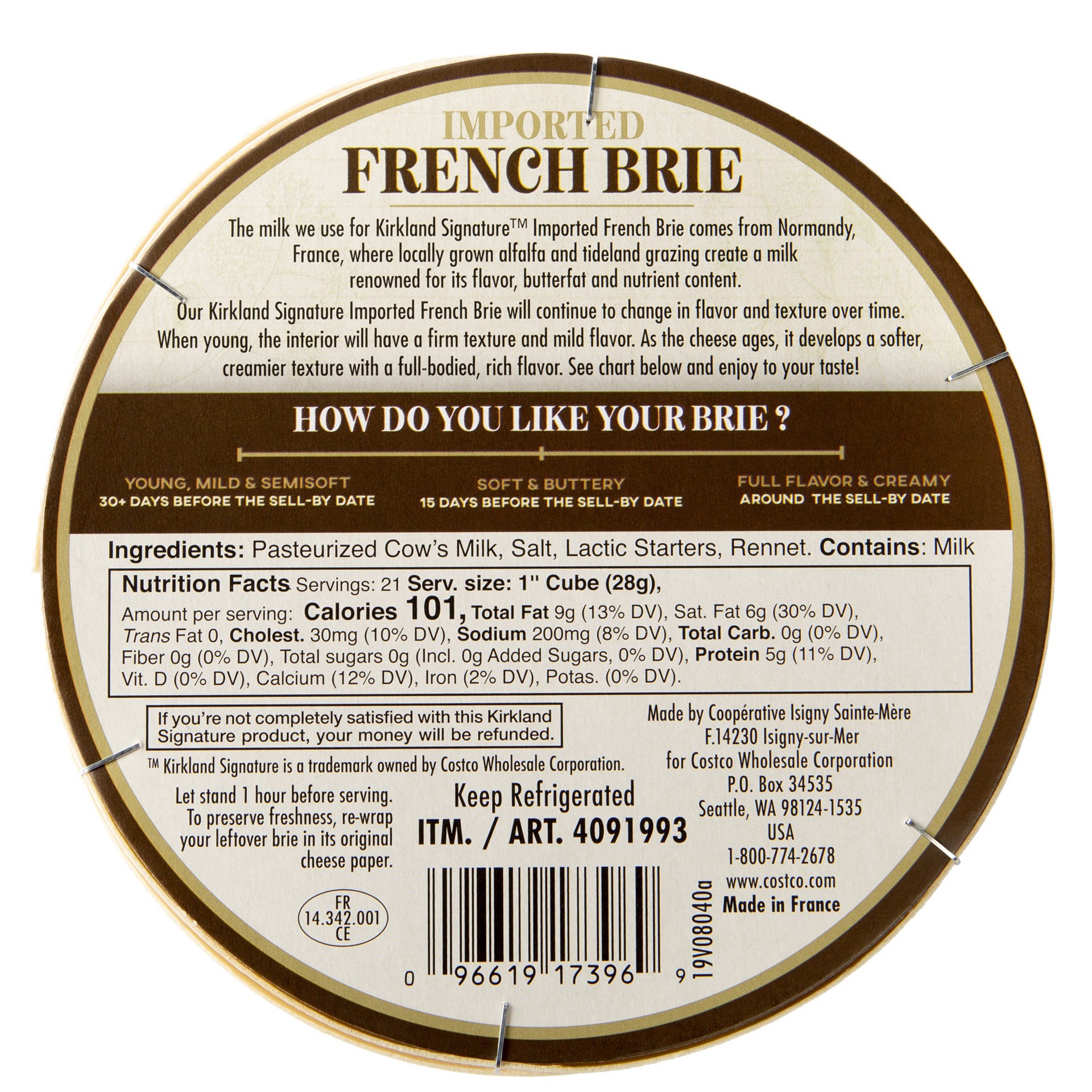 slide 2 of 2, Kirkland Signature French Brie, 1.32 lbs, 