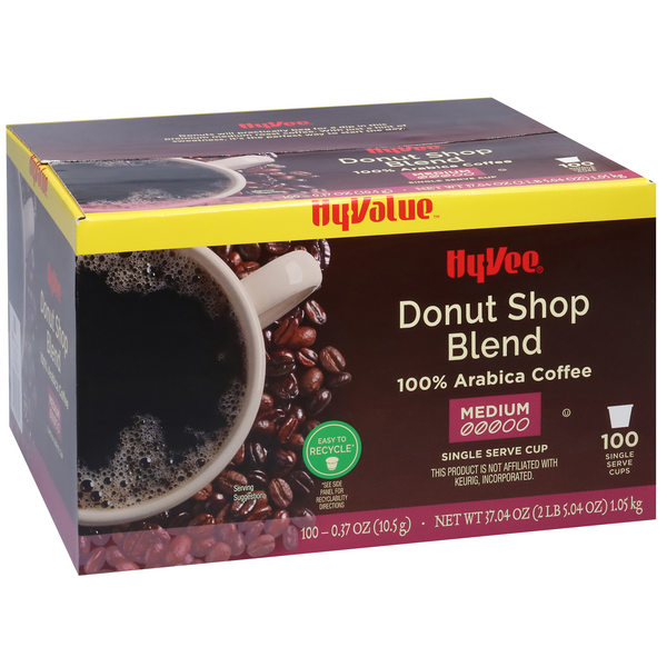 slide 1 of 1, Hy-vee Medium Roast Donut Shop Blend 100% Arabica Coffee Single Serve Cups- 100 ct, 100 ct