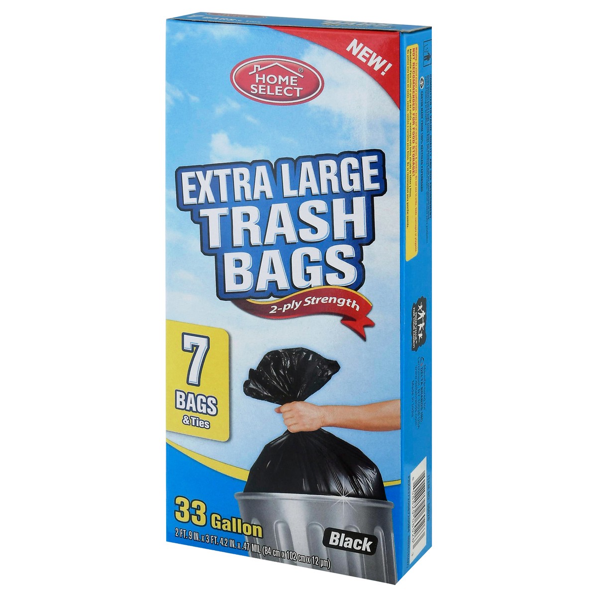 slide 2 of 13, Home Select 33 Gallon Extra Large 2-Ply Strength Black Trash Bags 7 Bags & Ties 7 ea, 7 ct