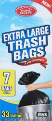 Home Select 33 Gallon Extra Large 2-Ply Strength Black Trash Bags - 7 Bags & Ties