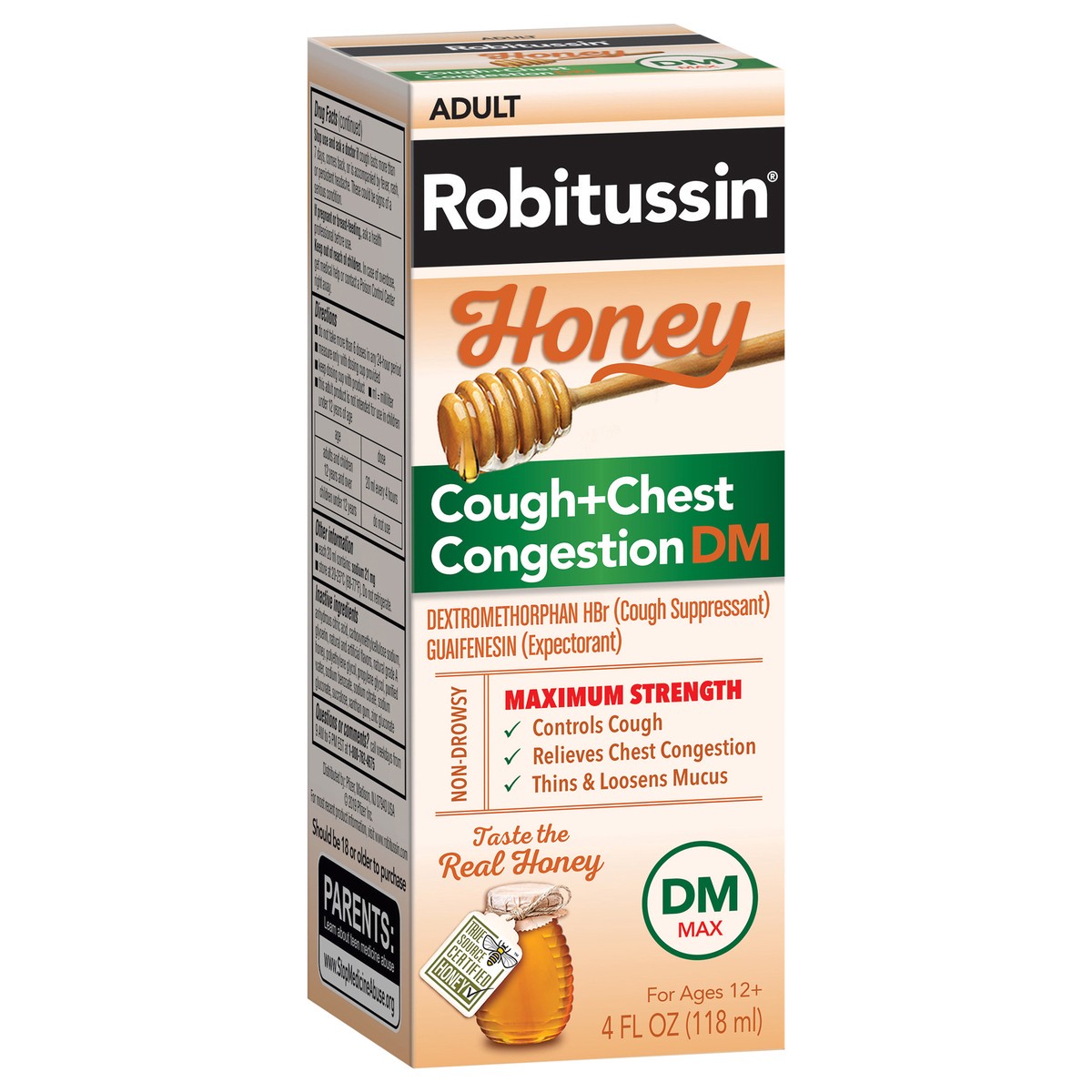 slide 2 of 9, Robitussin Maximum Strength Honey Cough + Chest Congestion DM, Cough Medicine for Cough and Chest Congestion Relief Made with Real Honey - 4 Fl Oz Bottle, 4 fl oz