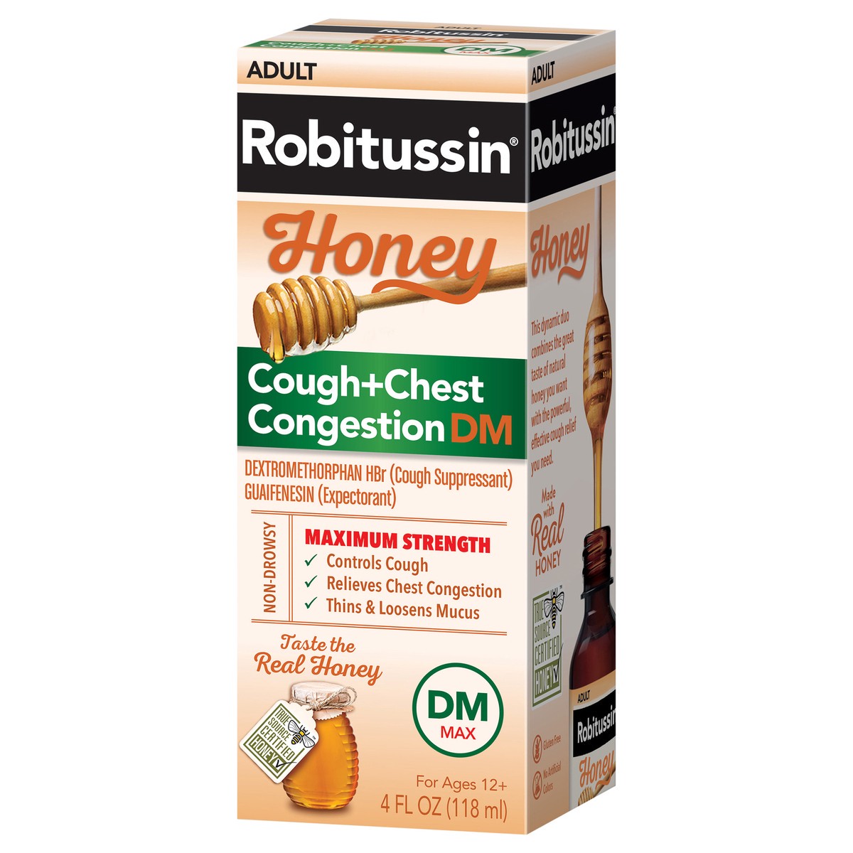 slide 3 of 9, Robitussin Maximum Strength Honey Cough + Chest Congestion DM, Cough Medicine for Cough and Chest Congestion Relief Made with Real Honey - 4 Fl Oz Bottle, 4 fl oz