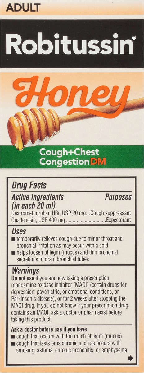slide 5 of 9, Robitussin Maximum Strength Honey Cough + Chest Congestion DM, Cough Medicine for Cough and Chest Congestion Relief Made with Real Honey - 4 Fl Oz Bottle, 4 fl oz