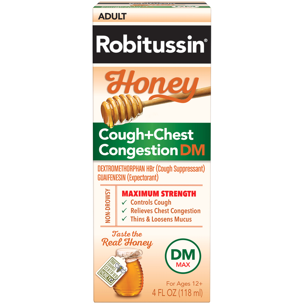 slide 1 of 5, Robitussin Maximum Strength Honey Cough + Chest Congestion DM, Cough Medicine for Cough and Chest Congestion Relief Made with Real Honey - 4 Fl Oz Bottle, 4 oz