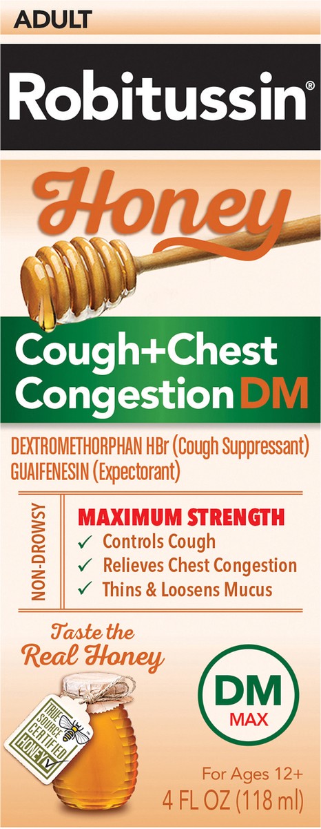 slide 6 of 9, Robitussin Maximum Strength Honey Cough + Chest Congestion DM, Cough Medicine for Cough and Chest Congestion Relief Made with Real Honey - 4 Fl Oz Bottle, 4 fl oz