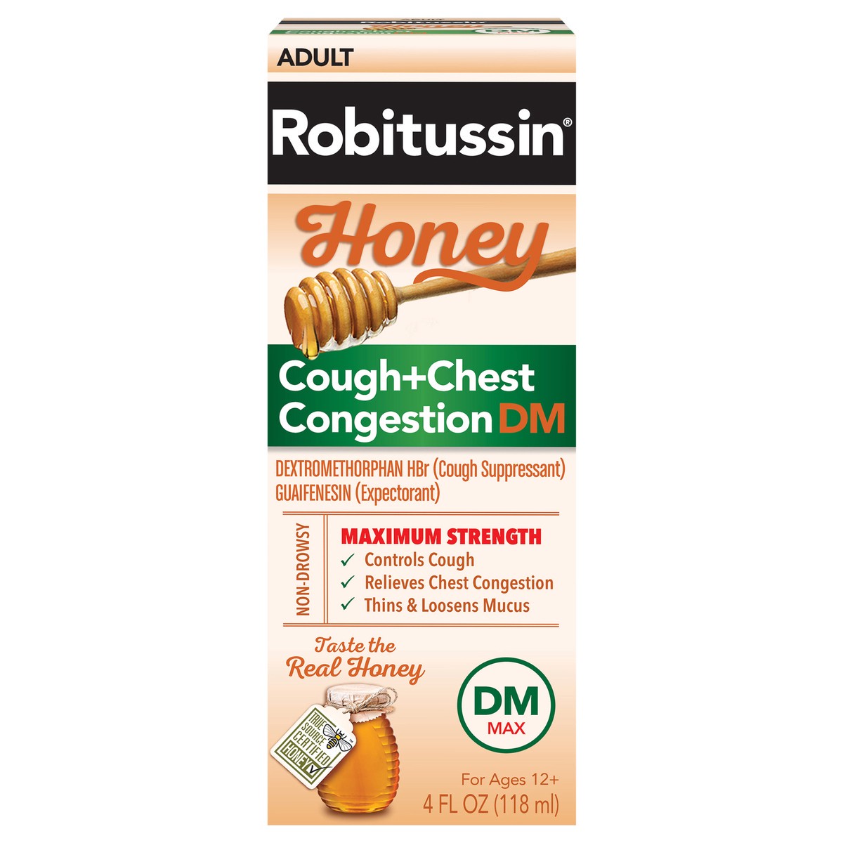 slide 1 of 9, Robitussin Maximum Strength Honey Cough + Chest Congestion DM - 4 Fl Oz, 4 fl oz