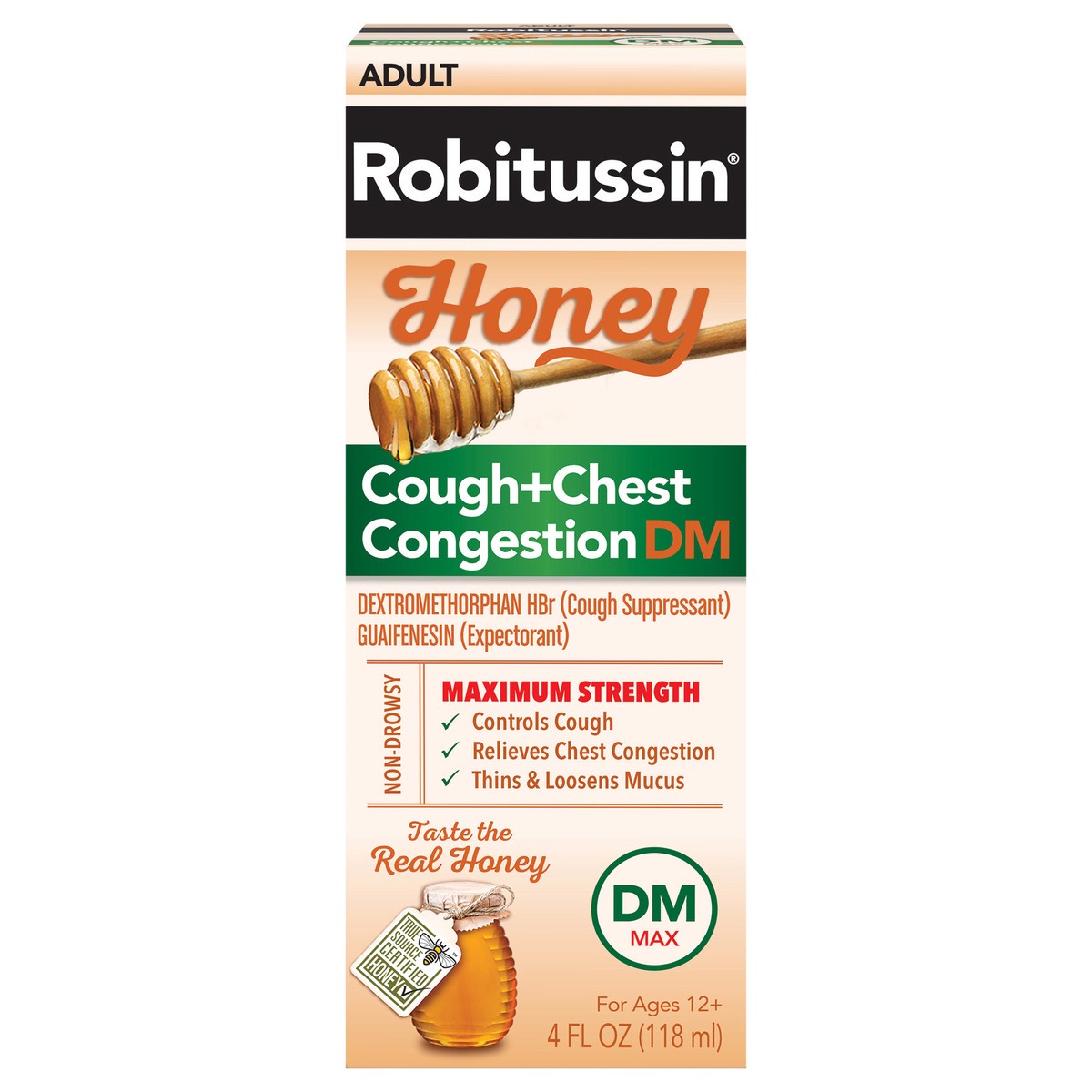 slide 1 of 9, Robitussin Maximum Strength Honey Cough + Chest Congestion DM, Cough Medicine for Cough and Chest Congestion Relief Made with Real Honey - 4 Fl Oz Bottle, 4 fl oz