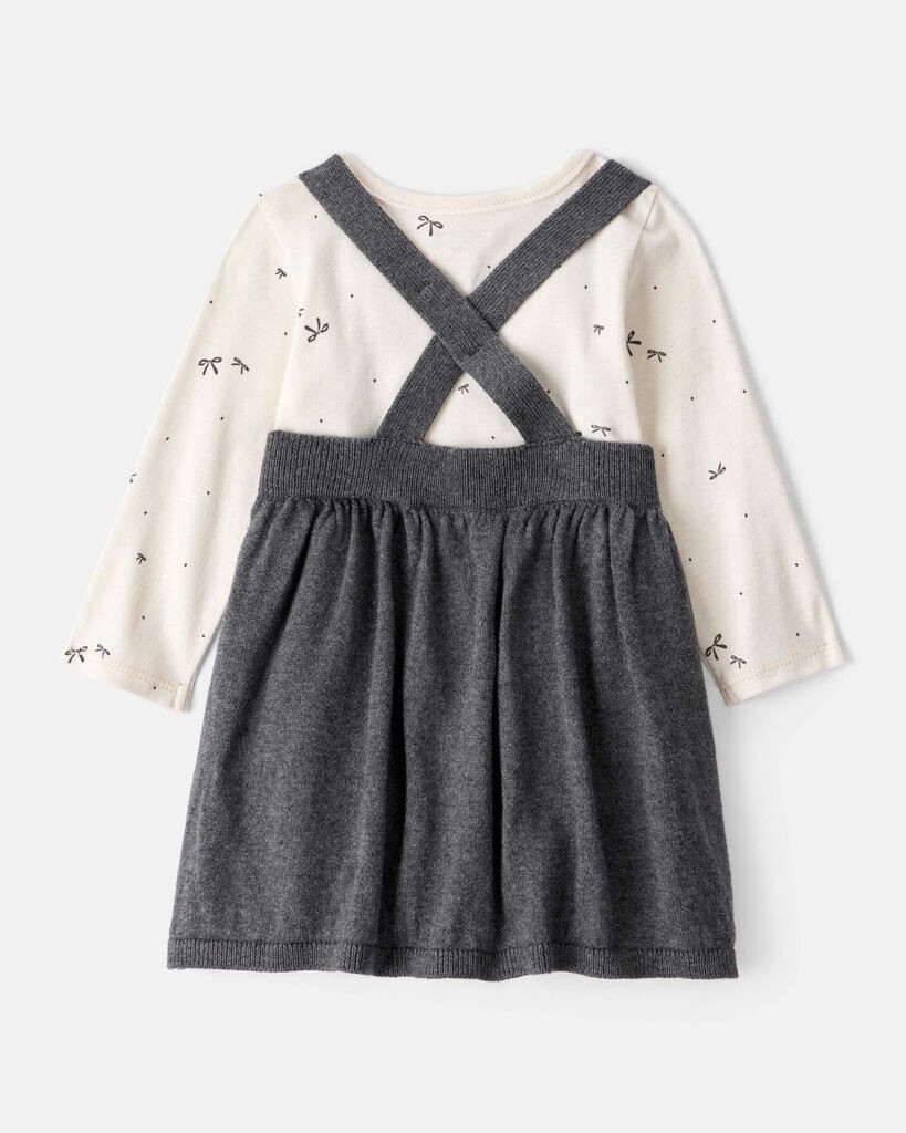 slide 4 of 6, Carter's Baby Girl Bow Print Cotton Long-Sleeve Dress Set - Grey White/Grey NB, 1 ct