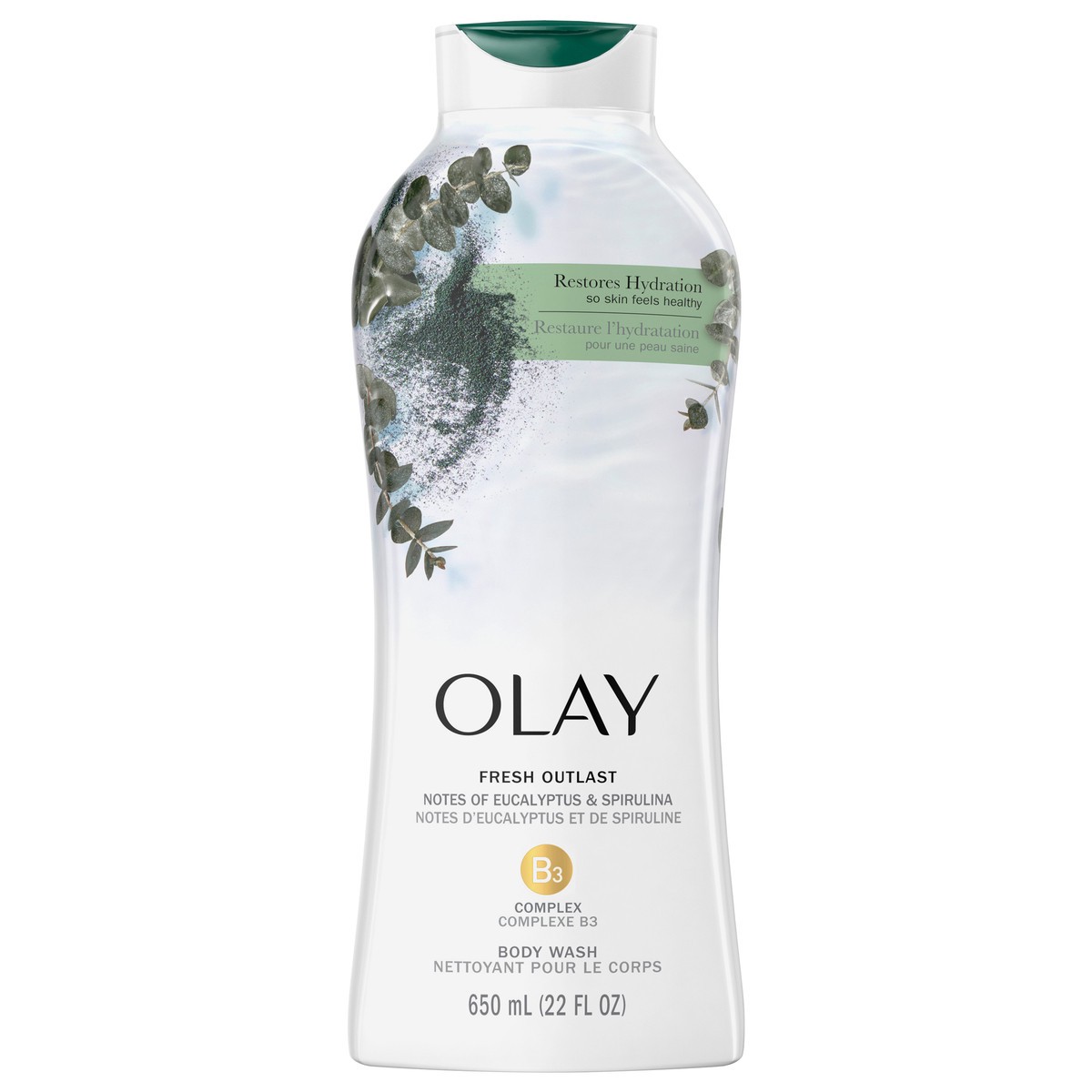 slide 1 of 3, Olay Fresh Outlast Paraben Free Body Wash with Relaxing Notes of Eucalyptus and Spirulina, 22 fl oz, 22 fl oz