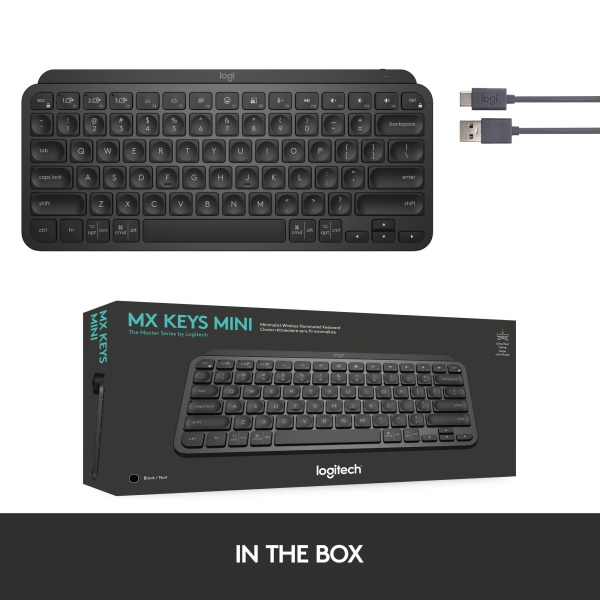 slide 9 of 10, Logitech Mx Keys Mini Minimalist Wireless Illuminated Keyboard, Compact, Bluetooth, Backlit, Usb-C, Black, 1 ct