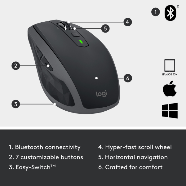 slide 6 of 10, Logitech MX Anywhere 2S Mouse - Darkfield - Wireless - 33 ft - Bluetooth/Radio Frequency - Rechargeable - 910007232, 1 ct