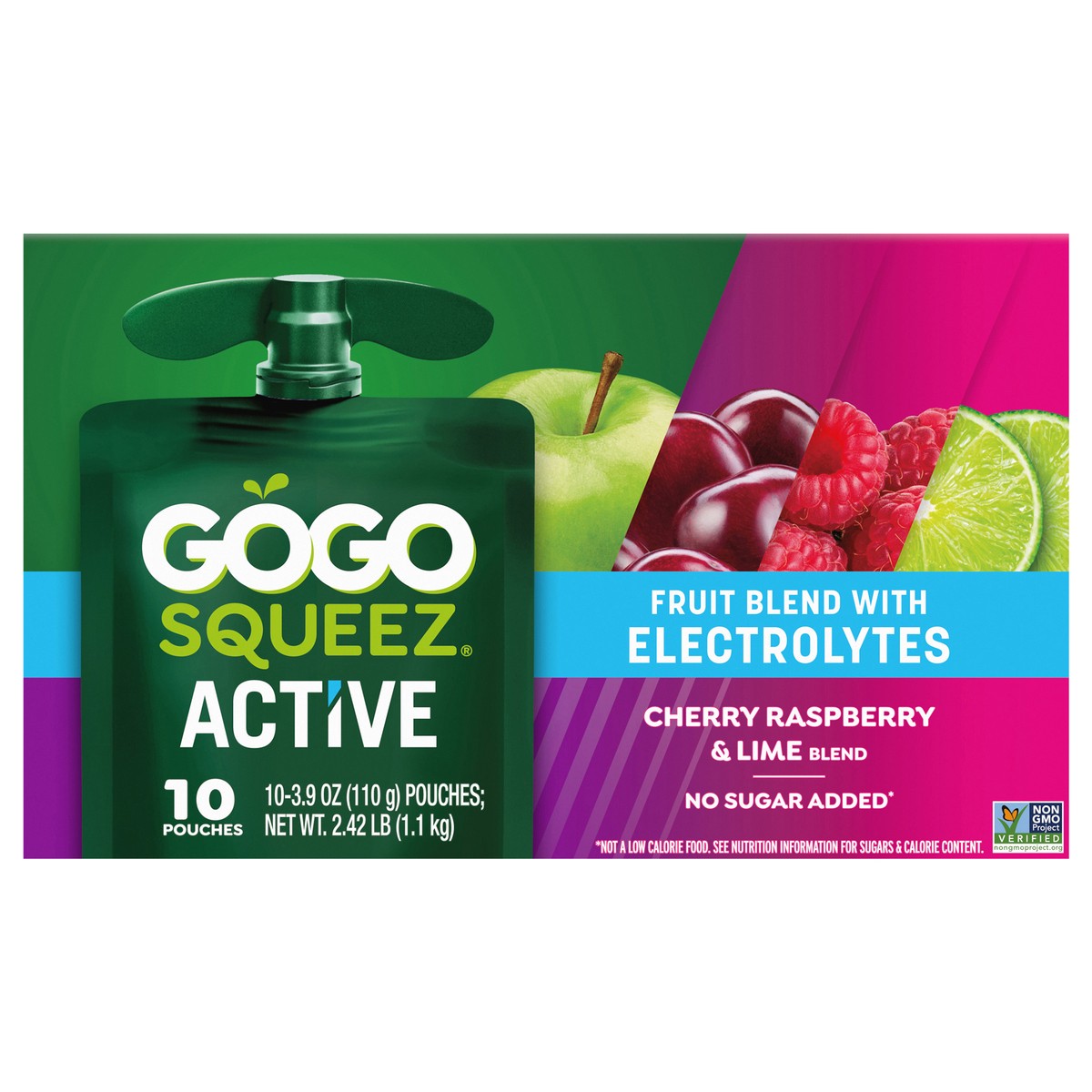 slide 9 of 12, GoGo squeeZ Cherry Raspberry & Lime Fruit Blend with Electrolytes 10 - 3.9 oz Pouches, 10 ct